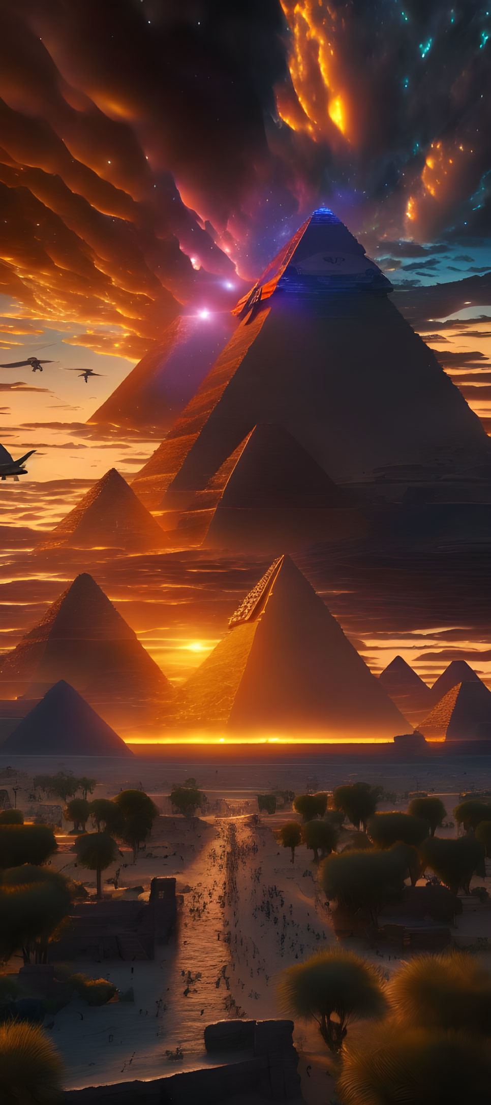 Ancient Egyptian landscape with pyramids, dramatic sky, stars, nebulae, path, trees