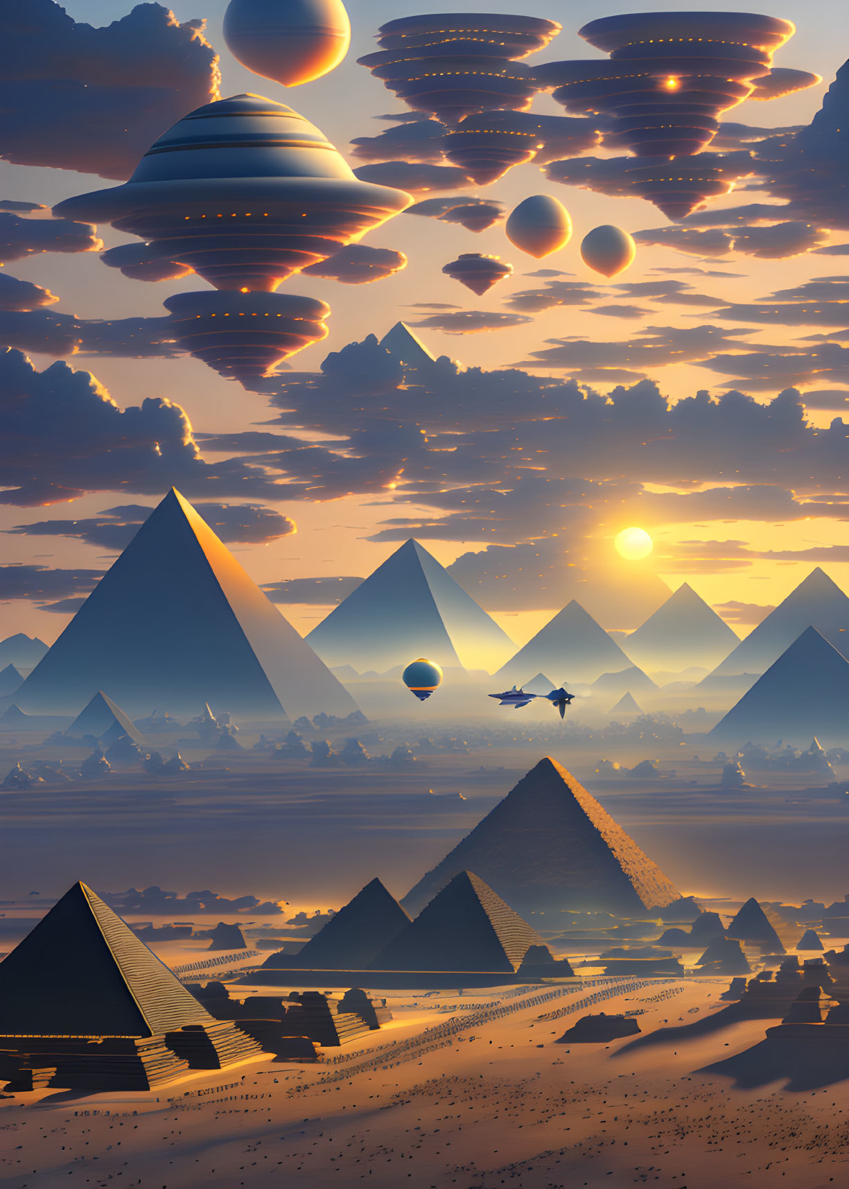 Surreal landscape with pyramids, multiple suns, and disc-shaped objects