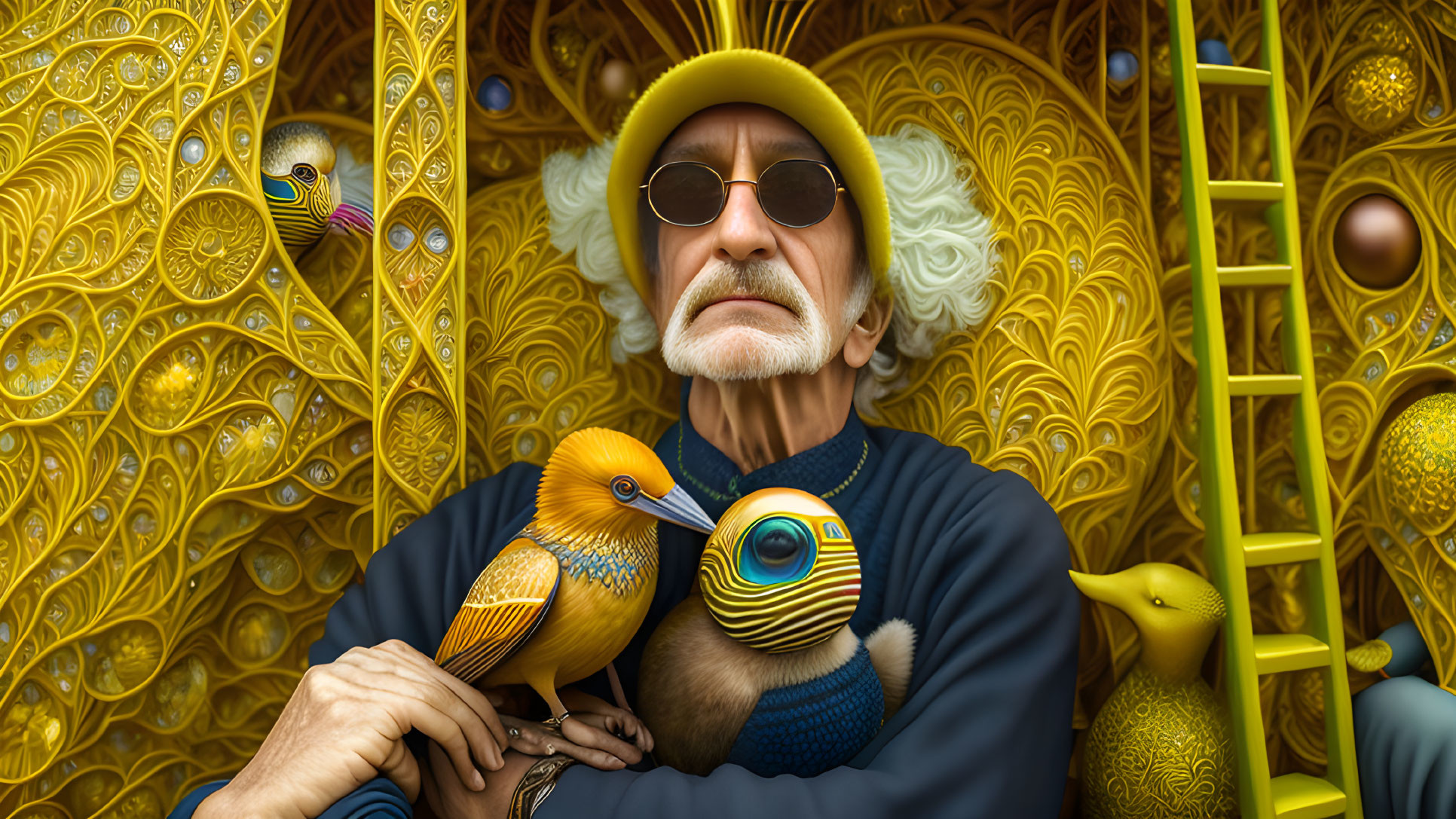 Elderly man with sunglasses and beret holding stylized birds on golden background