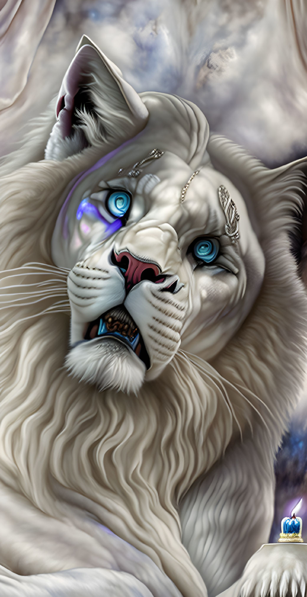 Stylized white lion with blue eyes and jewelry in digital artwork