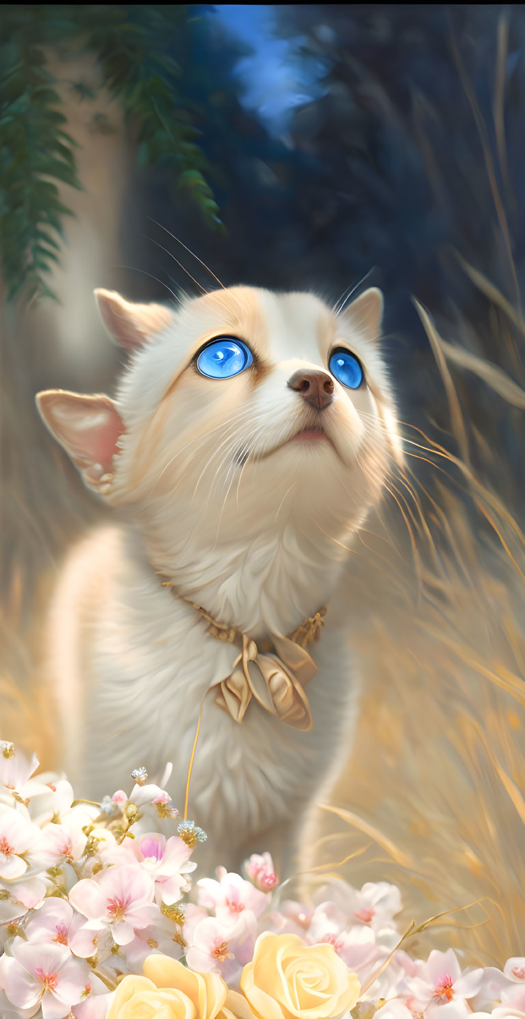 White Cat with Blue Eyes and Bow Surrounded by Pink Flowers