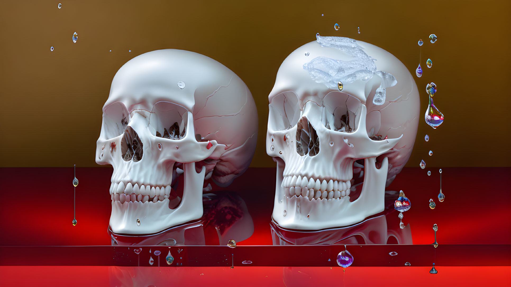 Glossy white skulls on red-brown gradient with water droplets