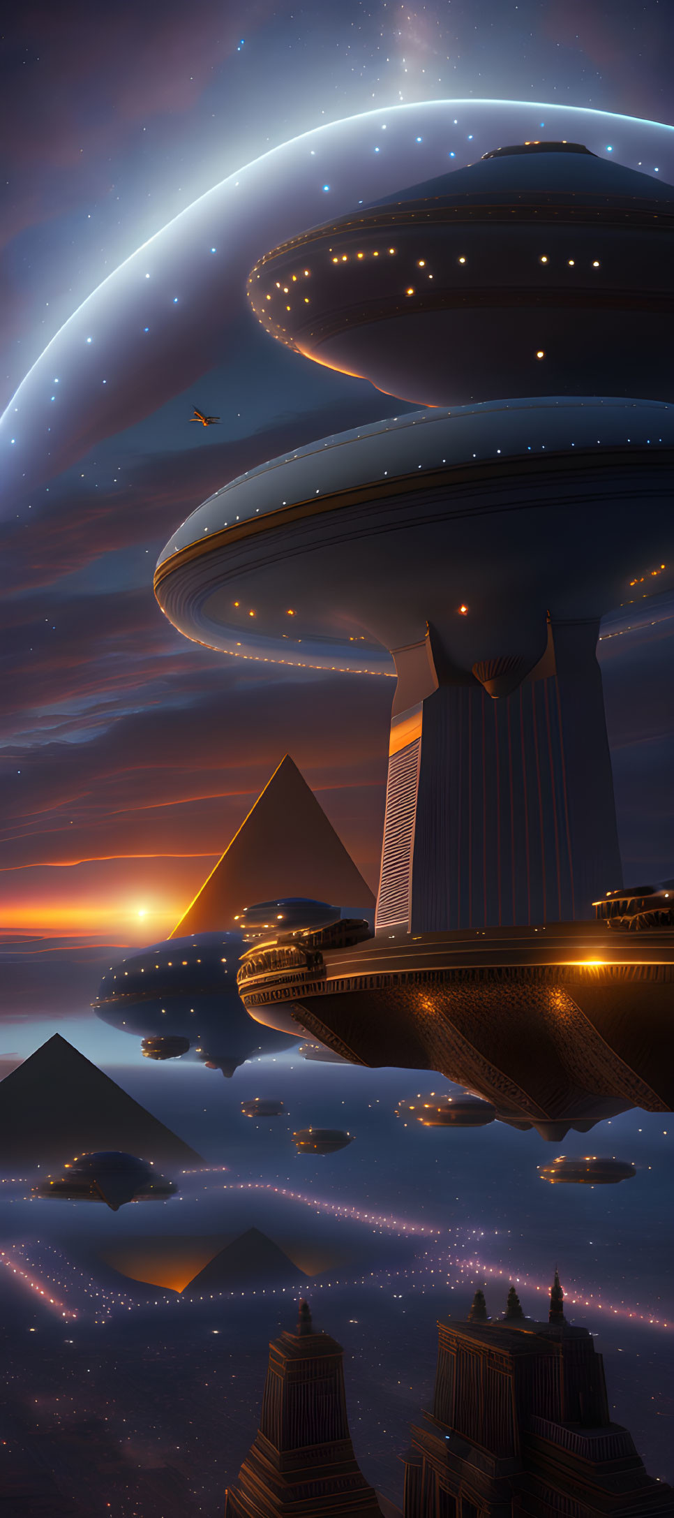 Futuristic cityscape with pyramids, hovering spaceship, starry sky