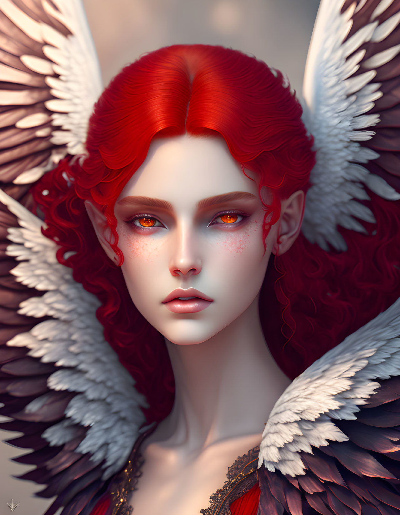 Fantastical character digital portrait with vibrant red hair and majestic wings