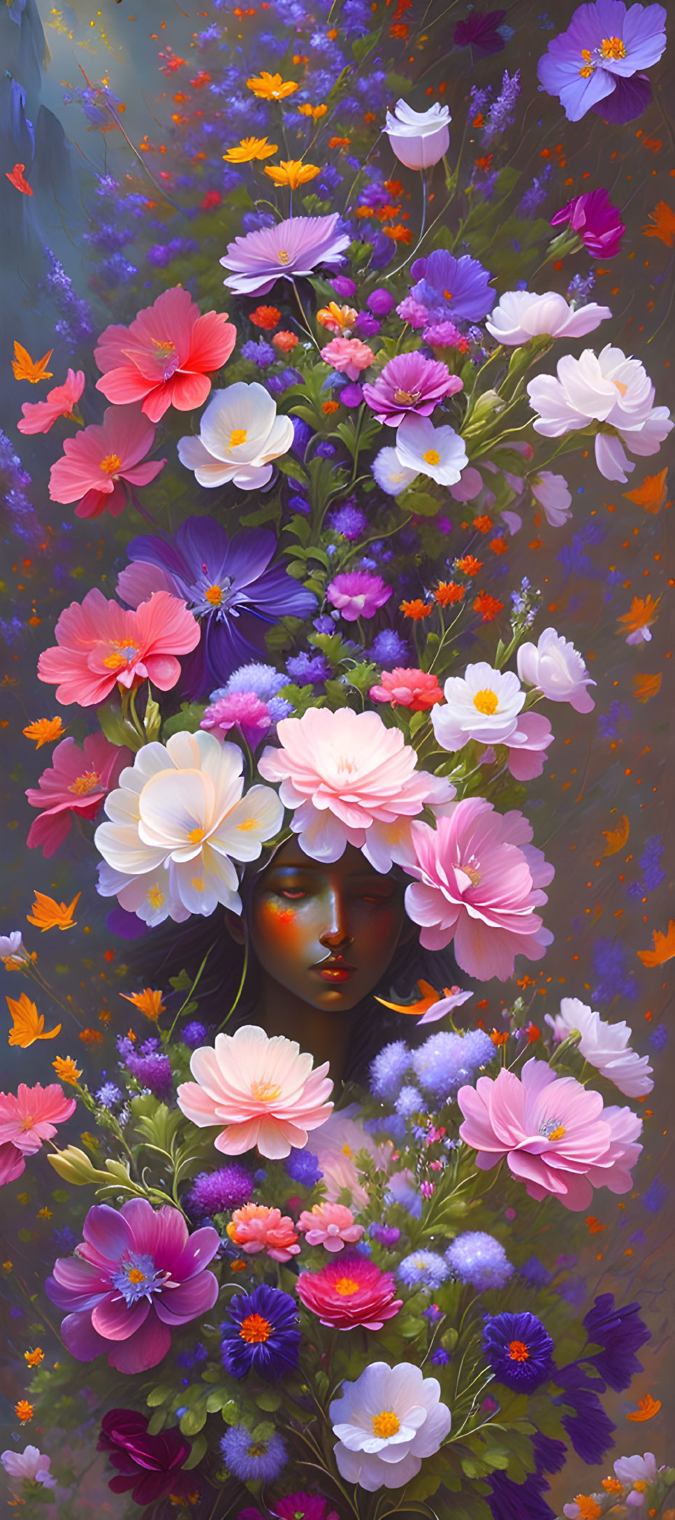 Woman's face in flower bouquet with butterflies on dreamy background