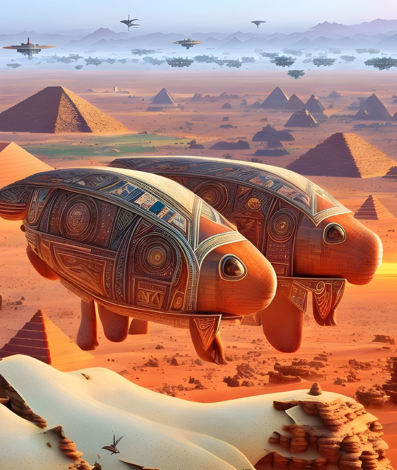 Mechanical turtles with intricate patterns in desert landscape with pyramids and flying aircrafts