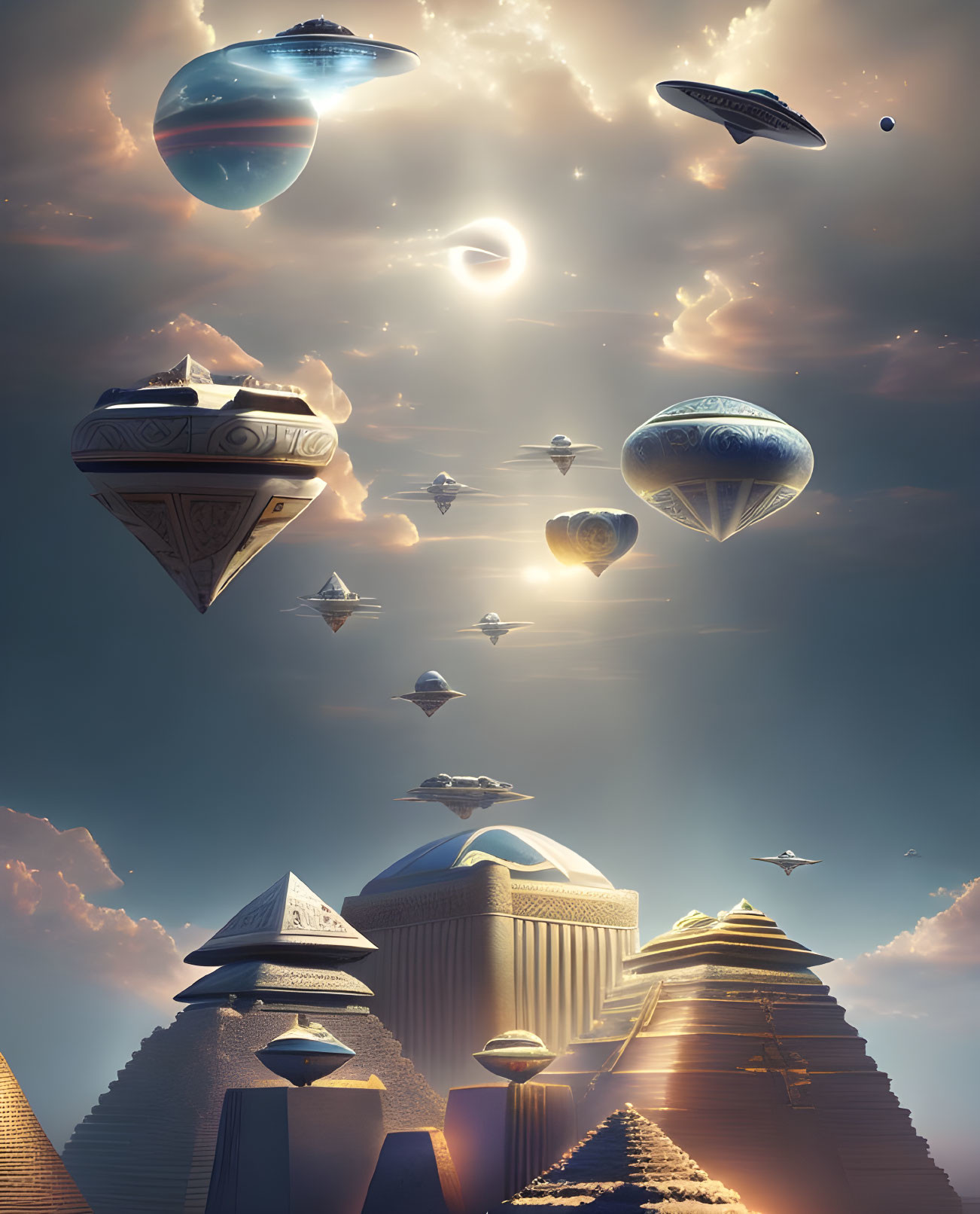 Fantastical blend of Egyptian pyramids and futuristic space vessels