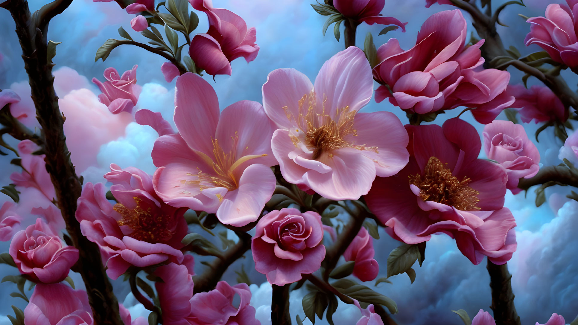 Pink blossoms with yellow centers under dreamy blue sky