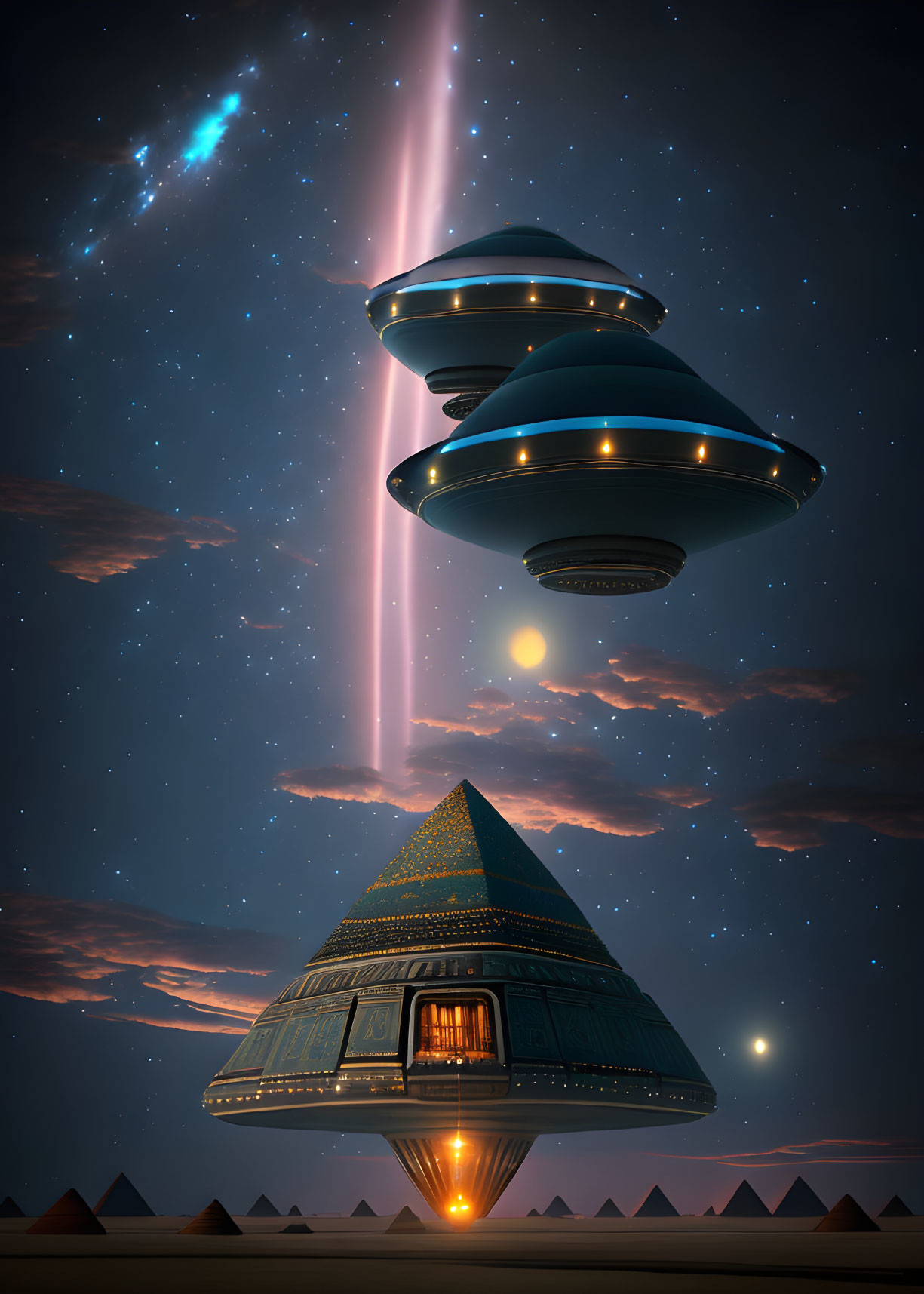 Digital artwork: Flying saucers over Egyptian pyramid with light beam & comet