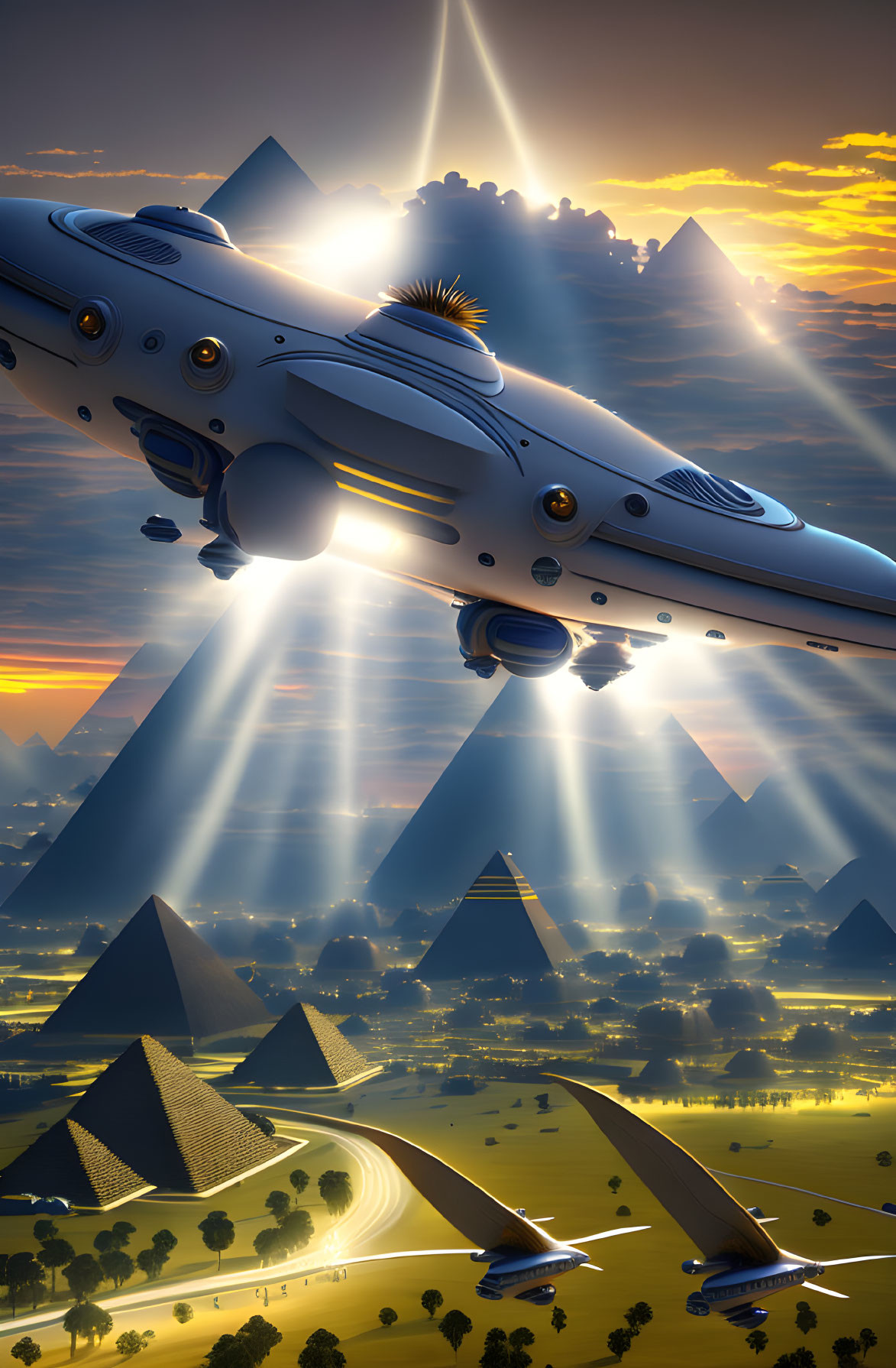 Futuristic aircraft over pyramids at sunset with beams of light