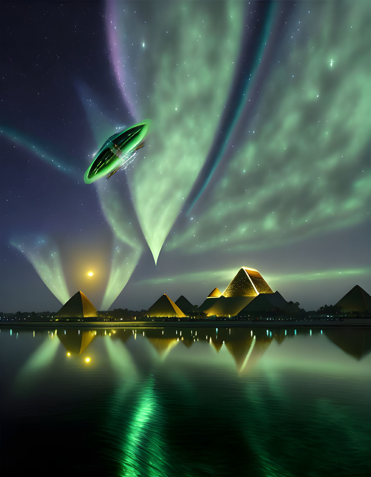 Unidentified Flying Object above Egyptian pyramids in aurora sky.