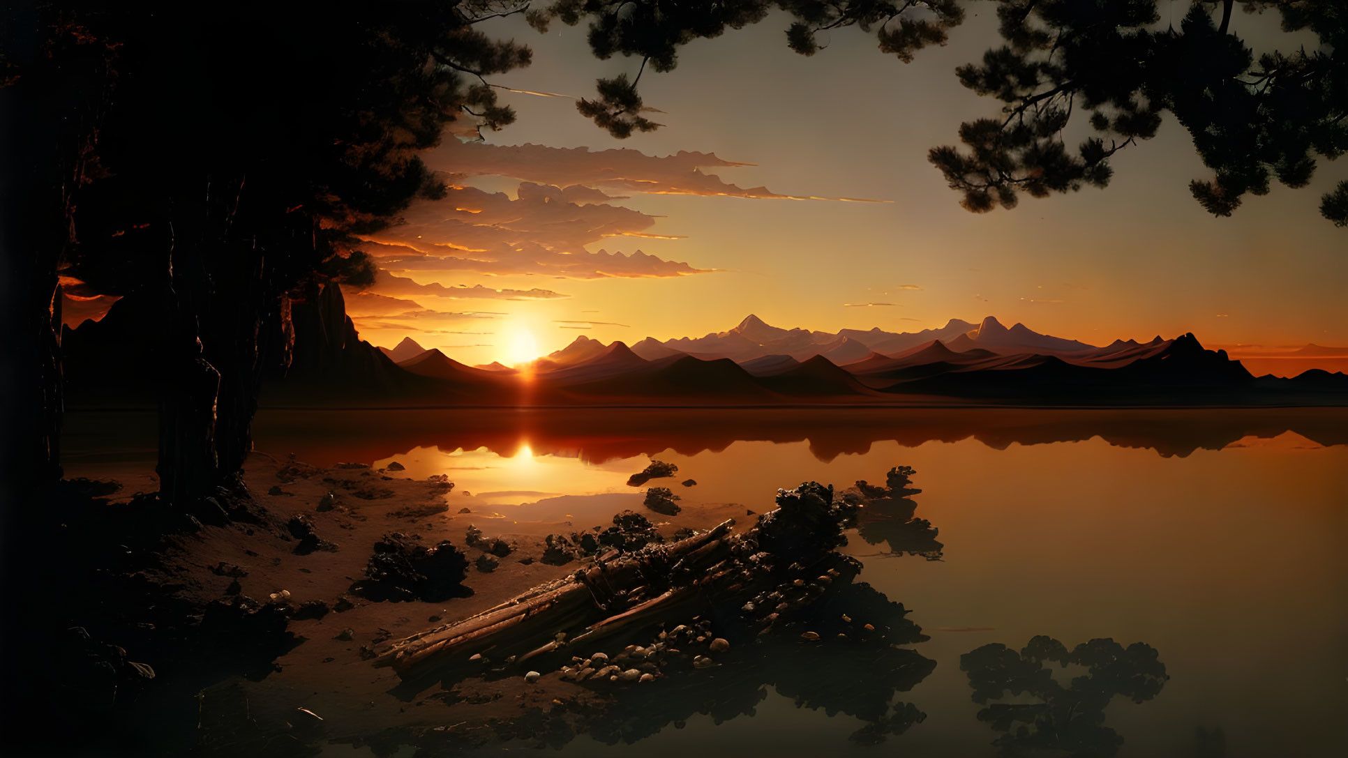 Tranquil sunset scene with sun reflecting on lake, pine tree silhouettes, and distant mountains