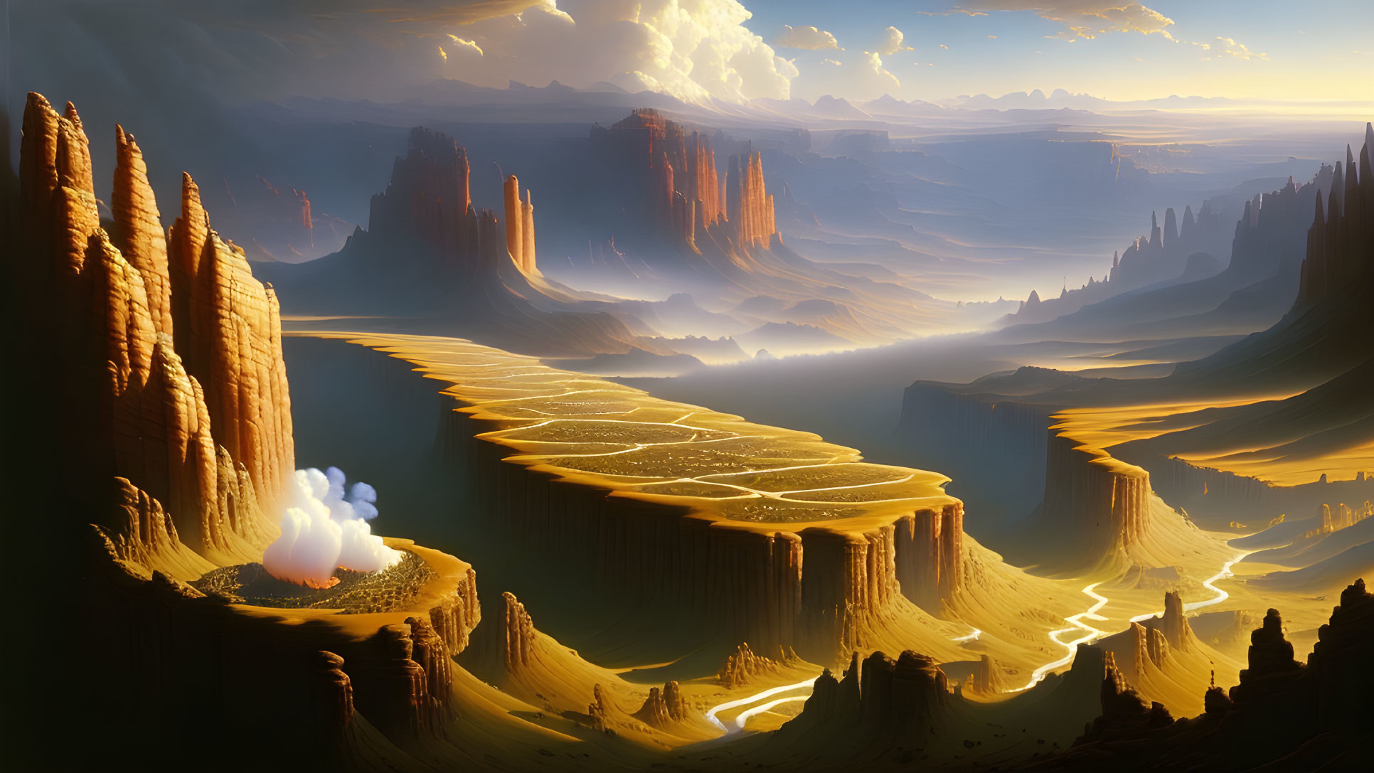 Majestic fantasy landscape: sunset, towering rocks, golden path, explosion