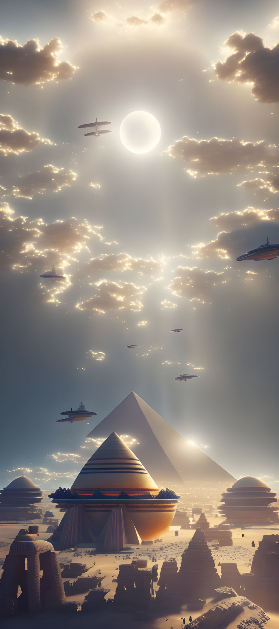 Surreal landscape featuring pyramids, airships, and dramatic sky