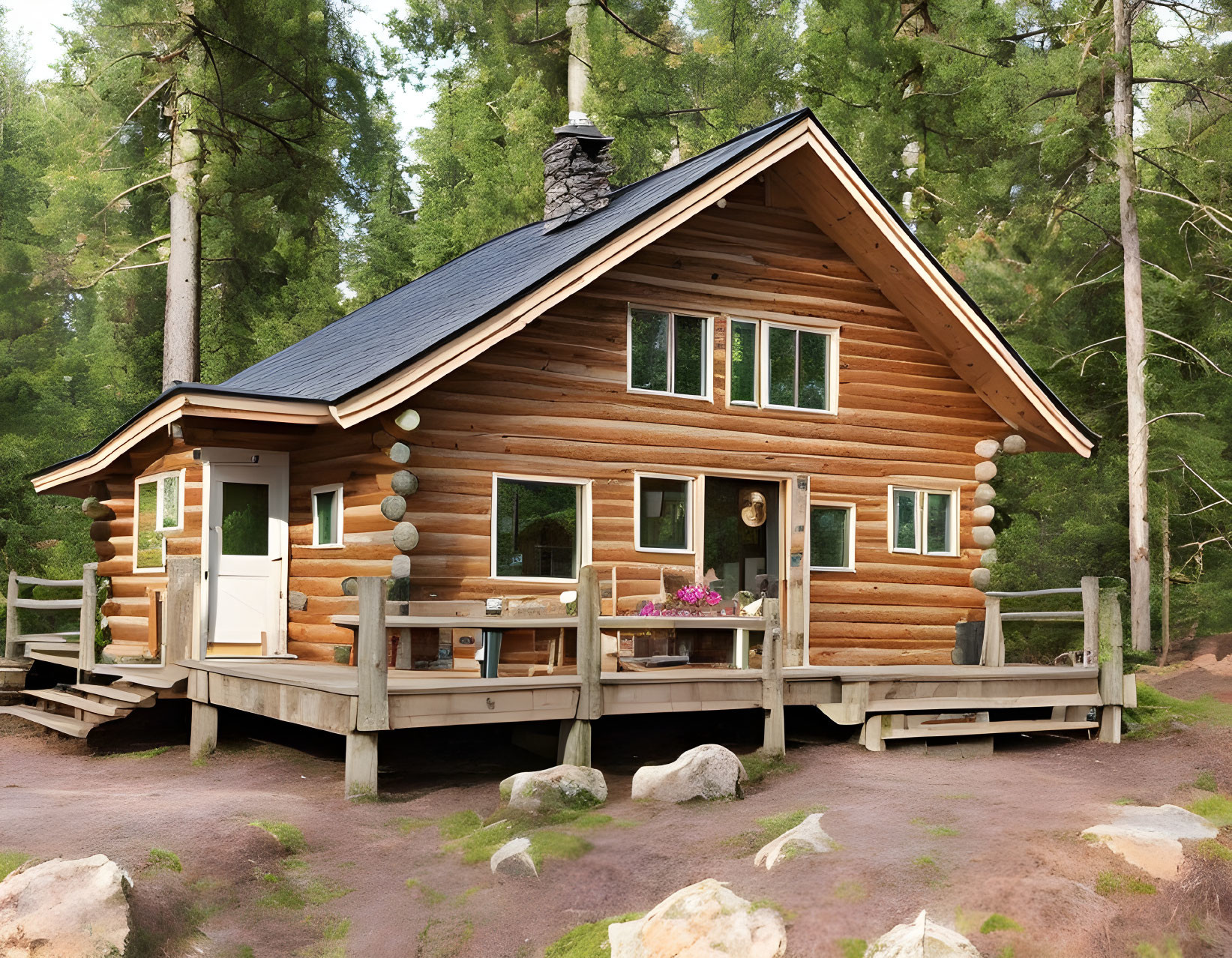 Rustic log cabin with gabled roof in forest setting