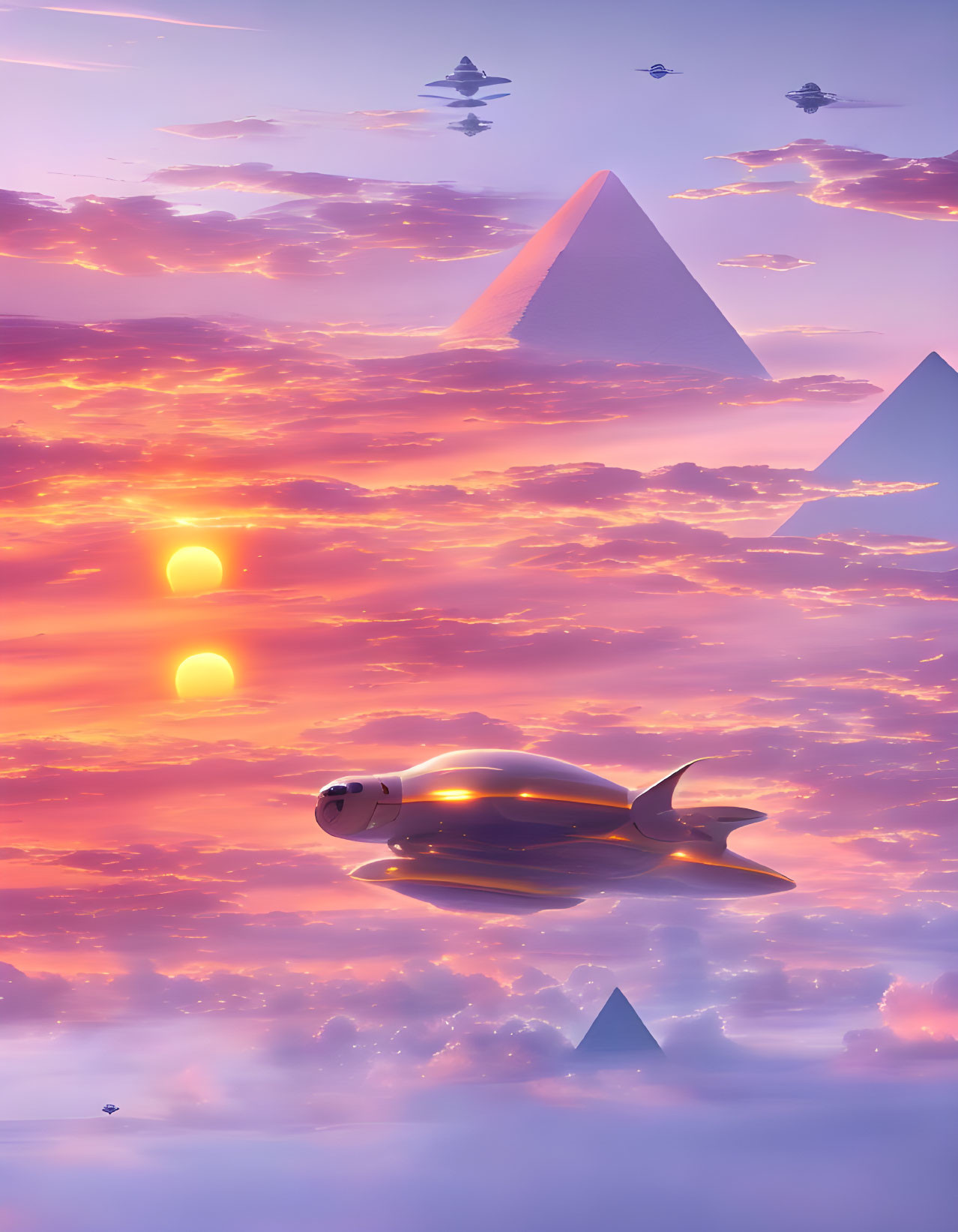 Golden spaceship among clouds in multi-sun sunset with pyramids and spacecrafts