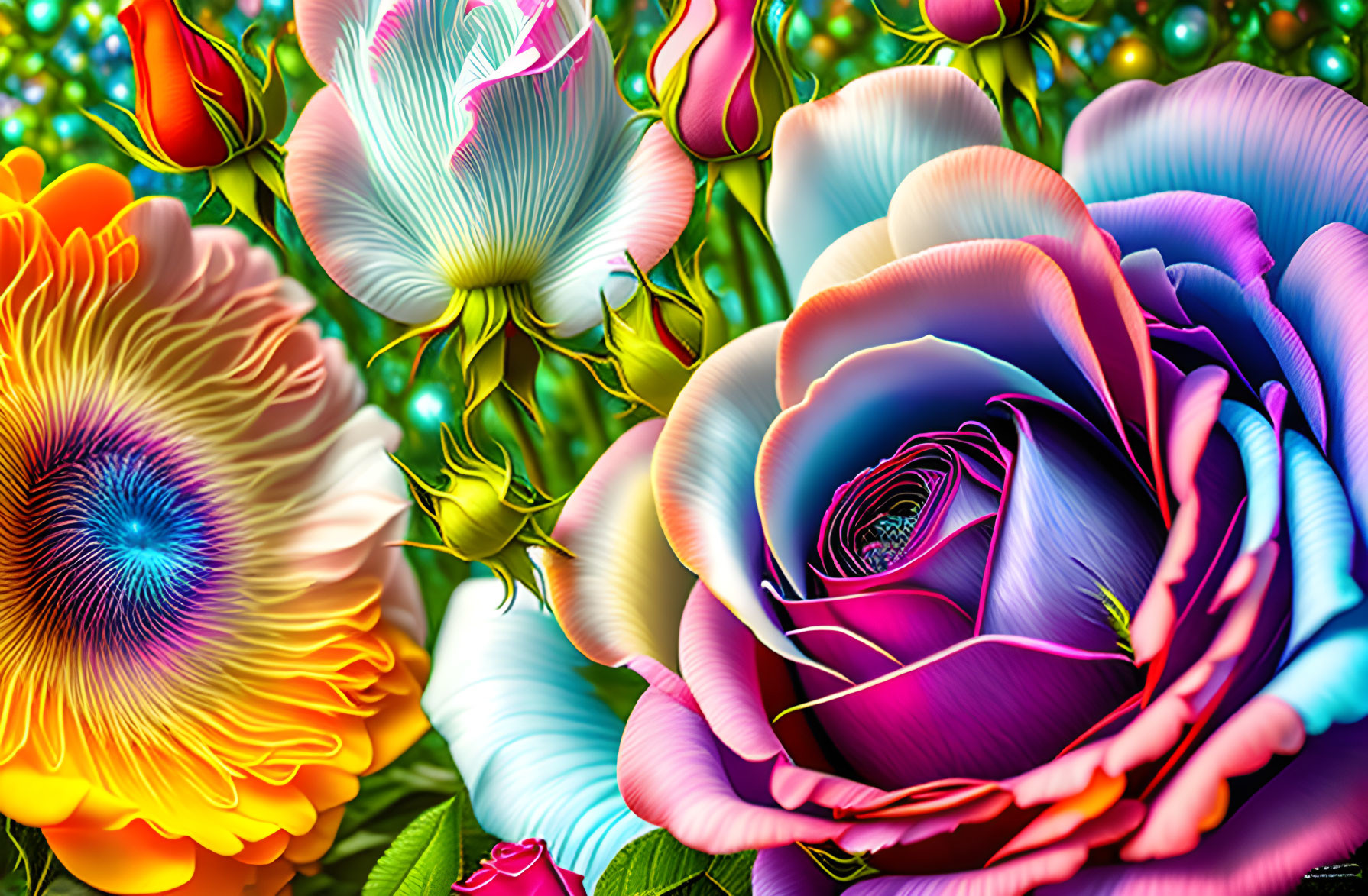 Colorful Stylized Flower Artwork with Fantasy Background