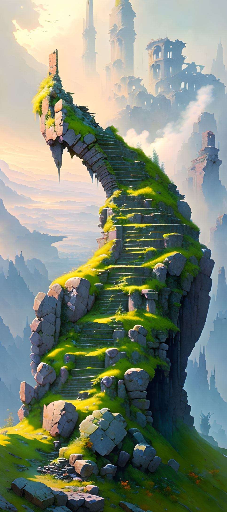 Stone staircase covered in moss leads to ancient towers in misty atmosphere