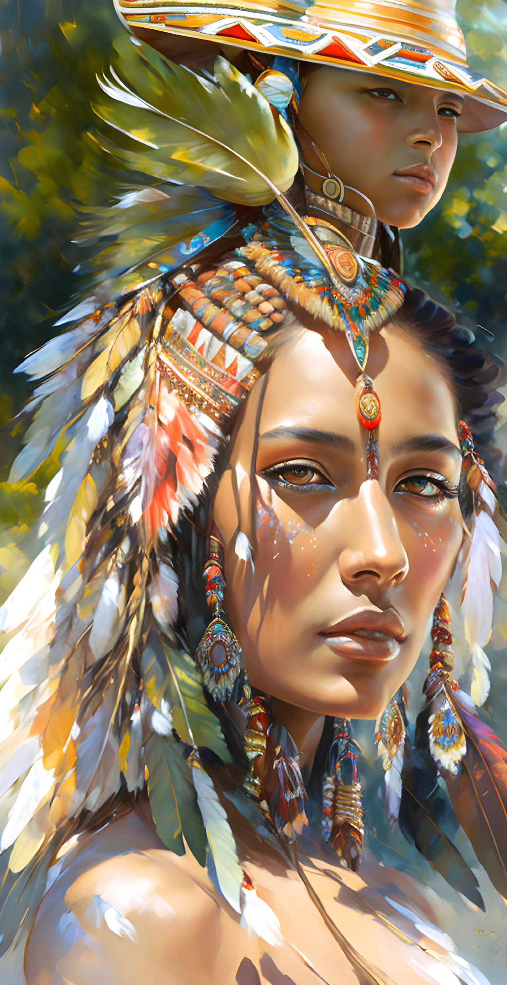 Two individuals in Native American headdresses against dappled sunlight.