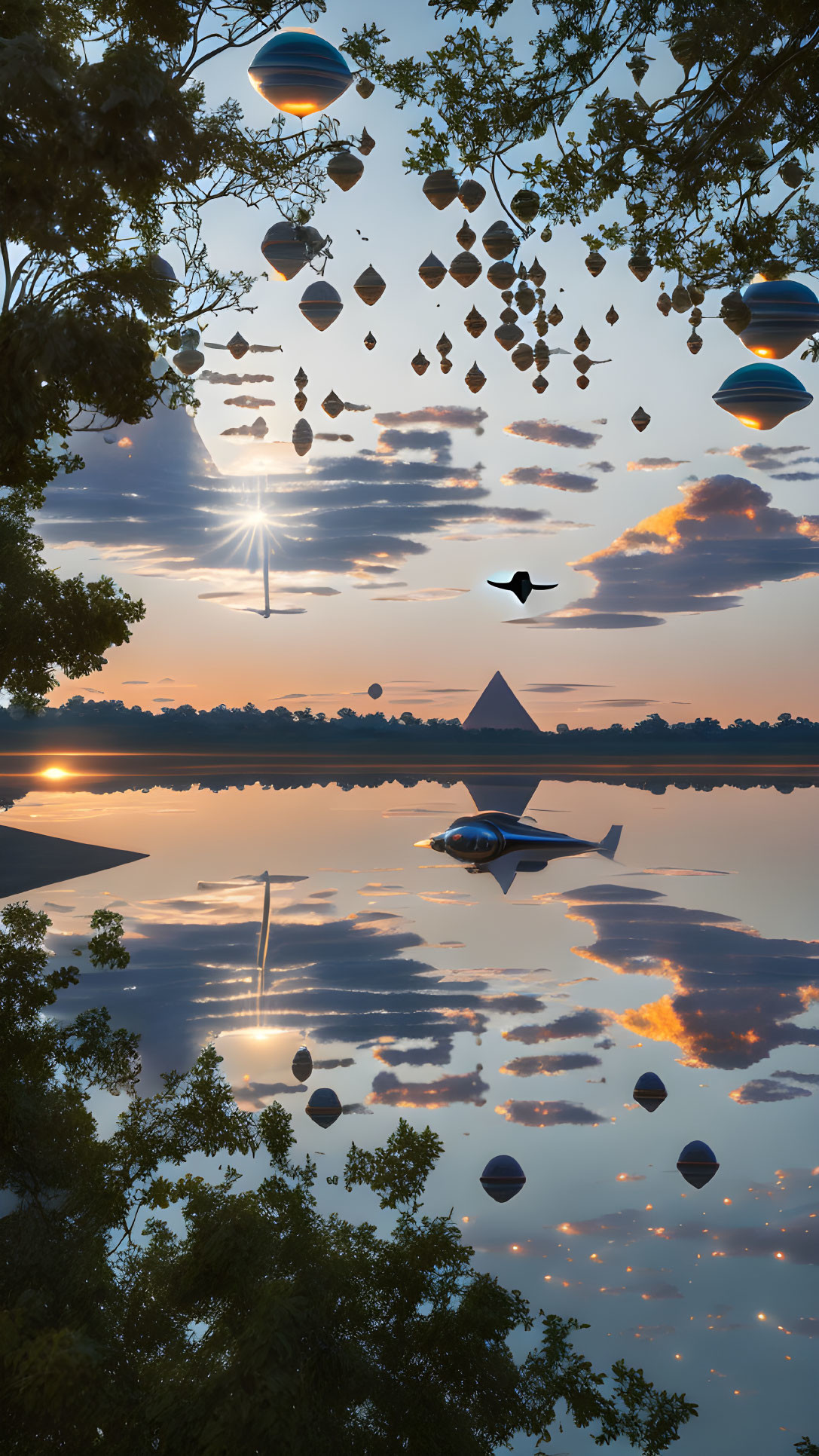 Lake Reflection of Hot Air Balloons, Airplanes, and Geometric Shapes at Sunset