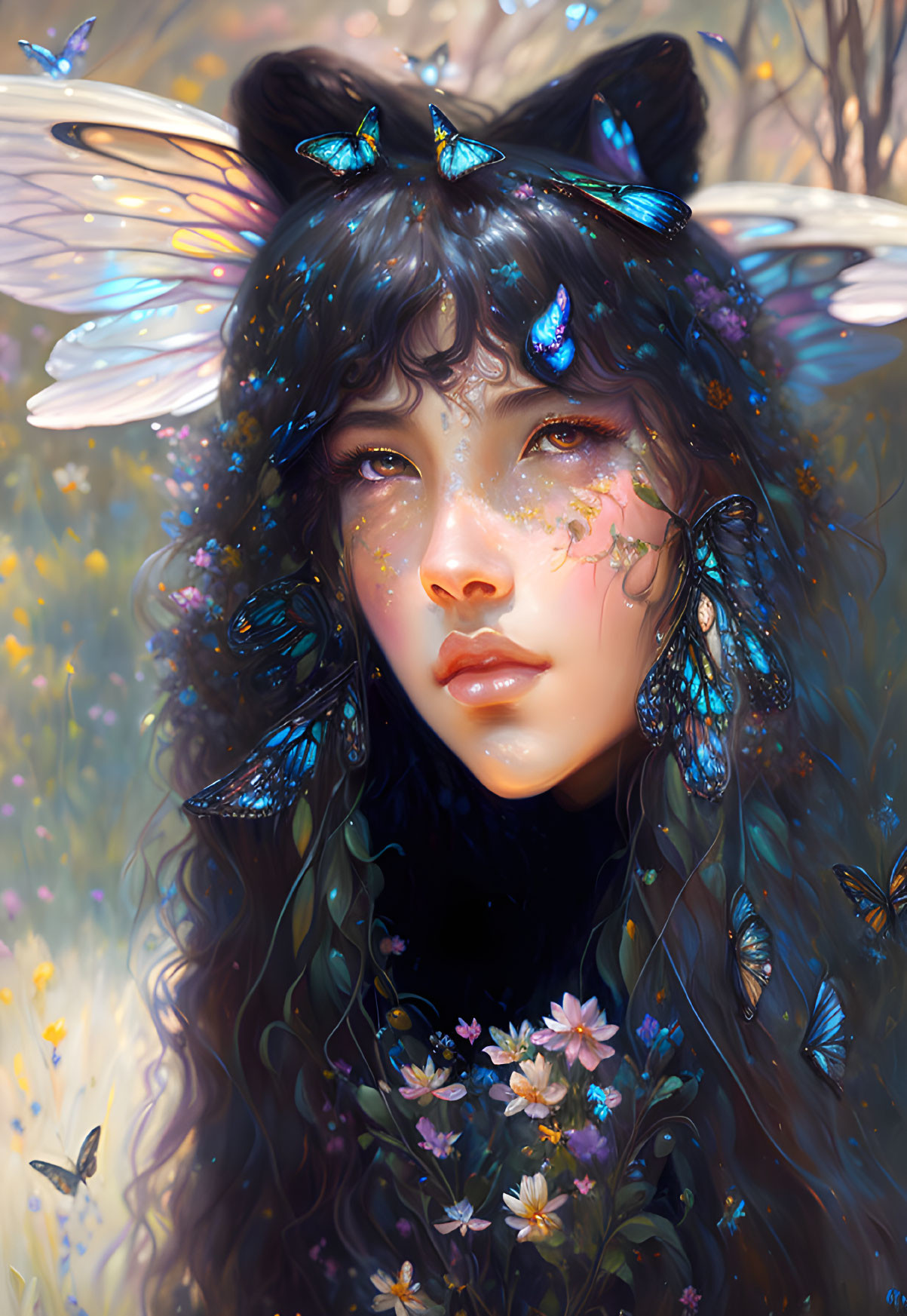 Fantasy portrait of young woman with butterfly wings in flowery field