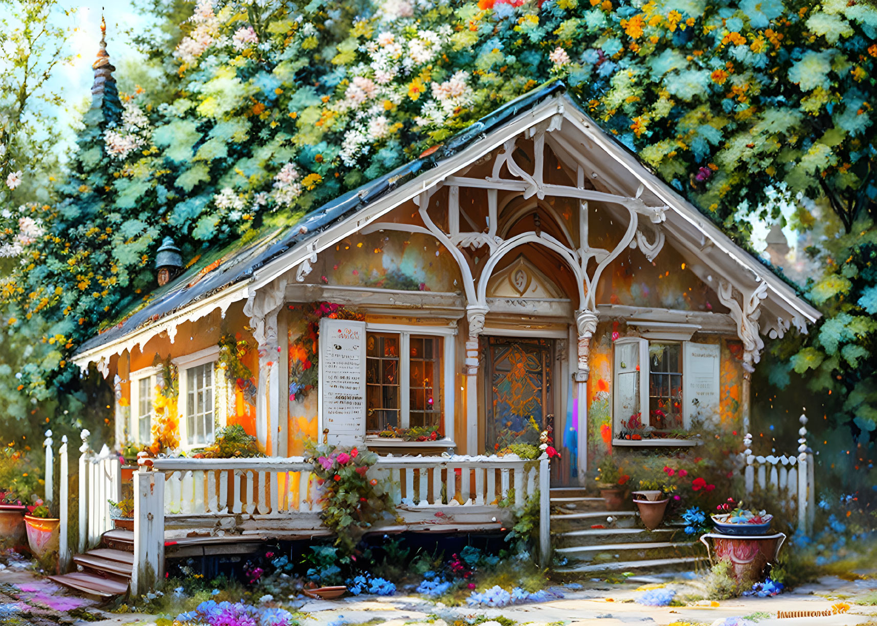 Charming wooden cottage with ornate trimmings in flower-filled setting