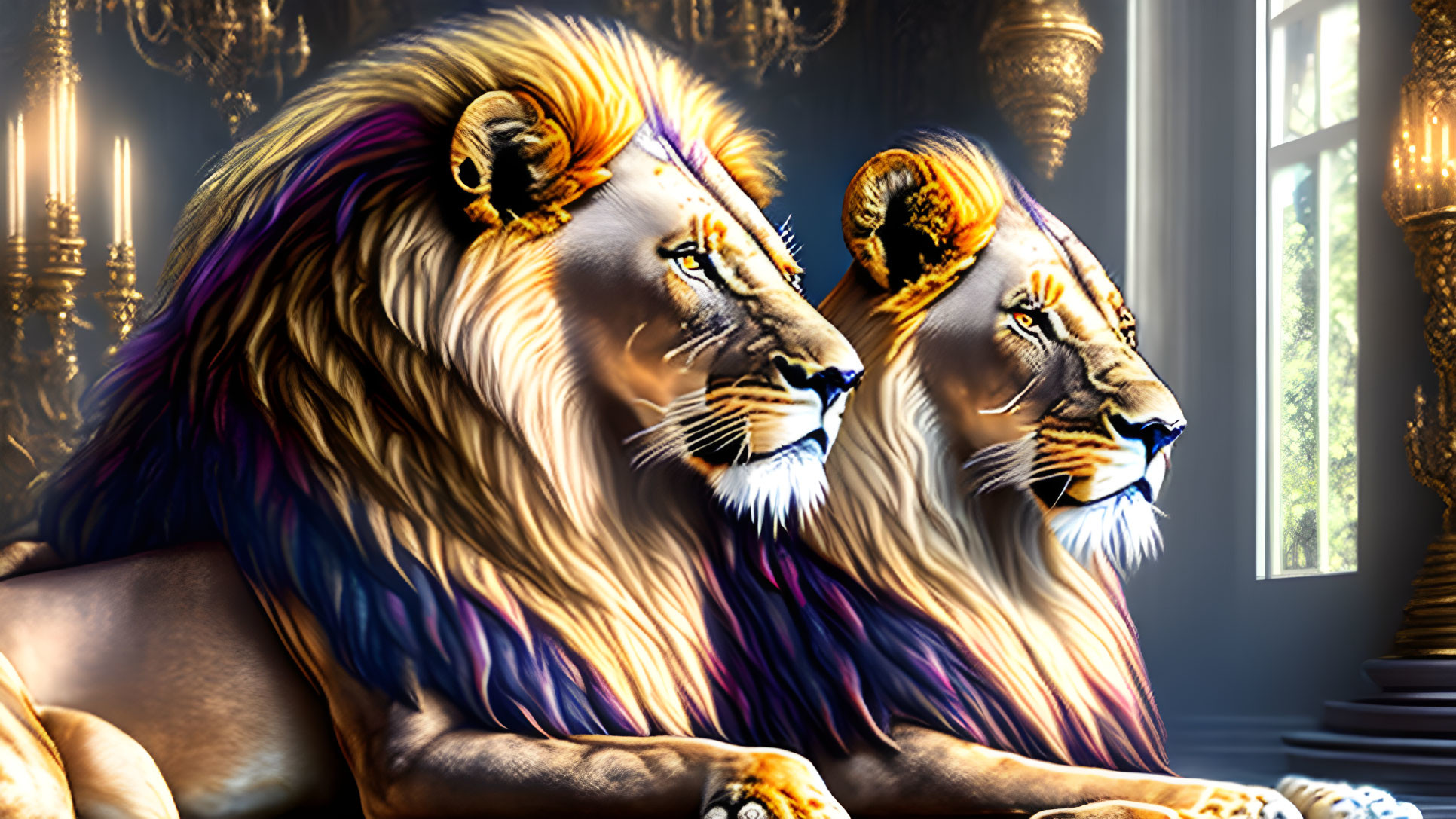 Majestic lions with golden manes in regal room with chandeliers