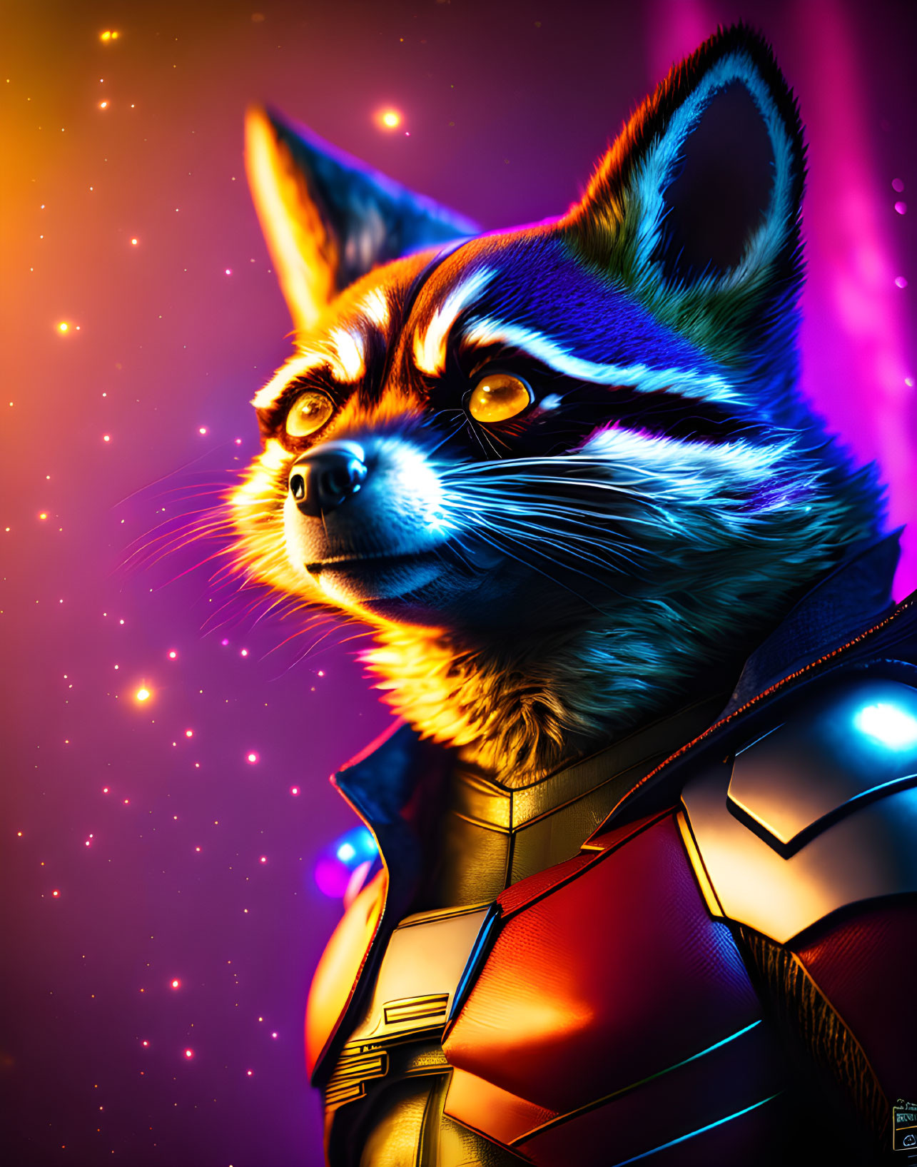 Anthropomorphic raccoon in futuristic suit against cosmic stars