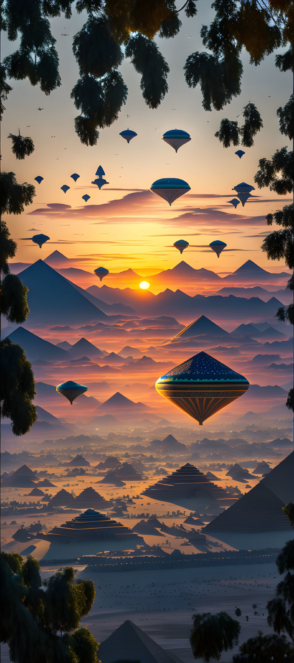 Surreal sunset landscape with mountains, sun, pyramids, and airships