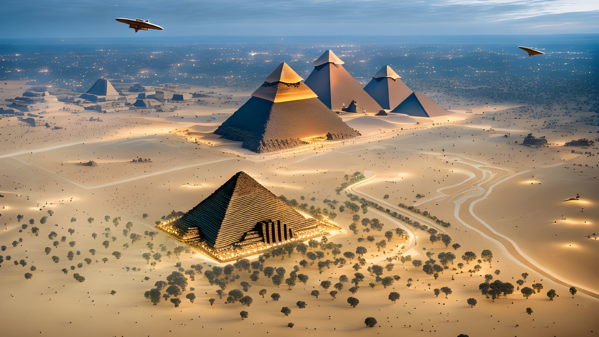 Aerial View of Illuminated Giza Pyramids at Dusk