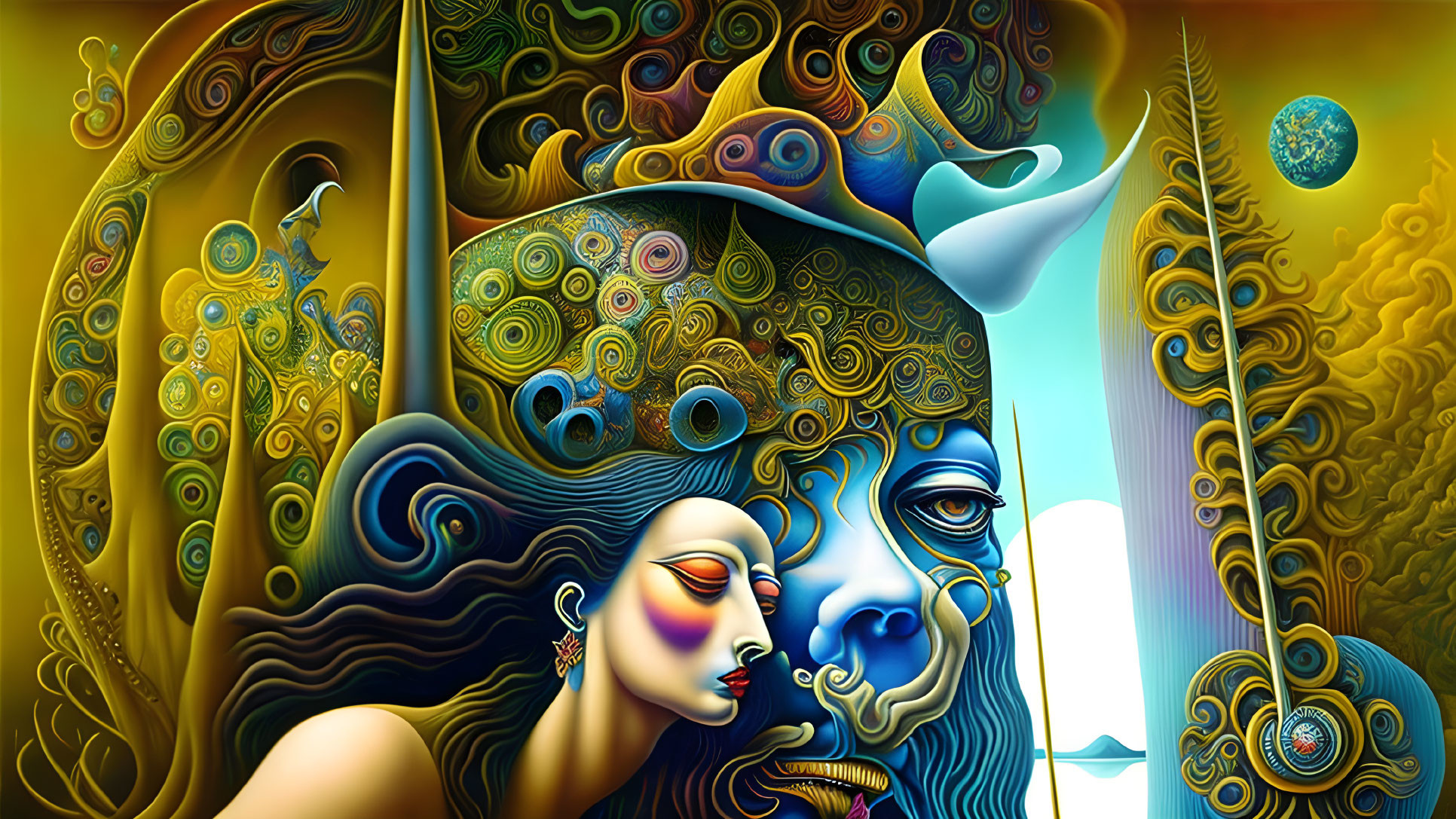 Vibrant digital art: Woman's face with intricate patterns in surreal landscape