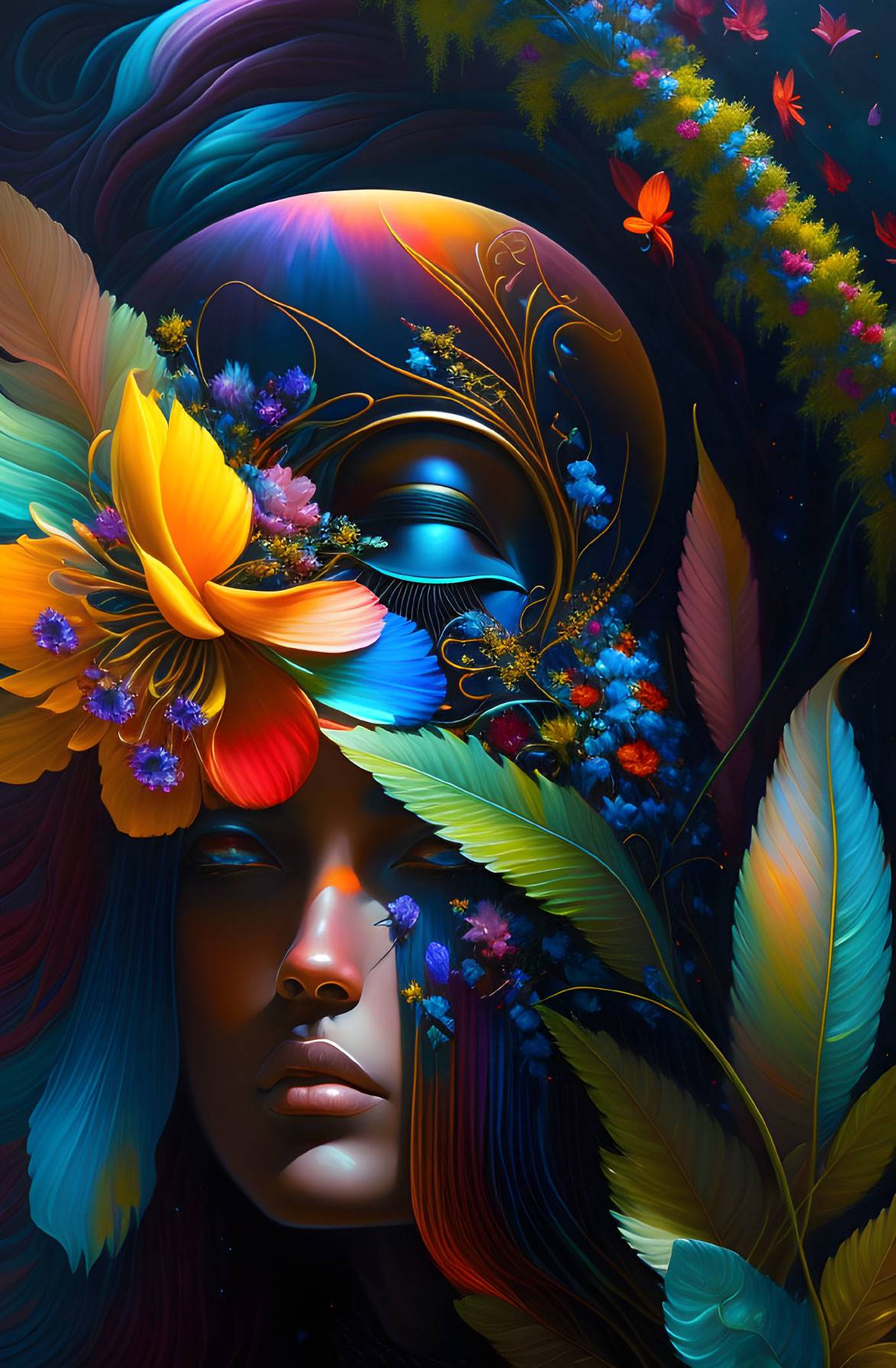 Vibrant digital art: woman's face with flowers and feathers