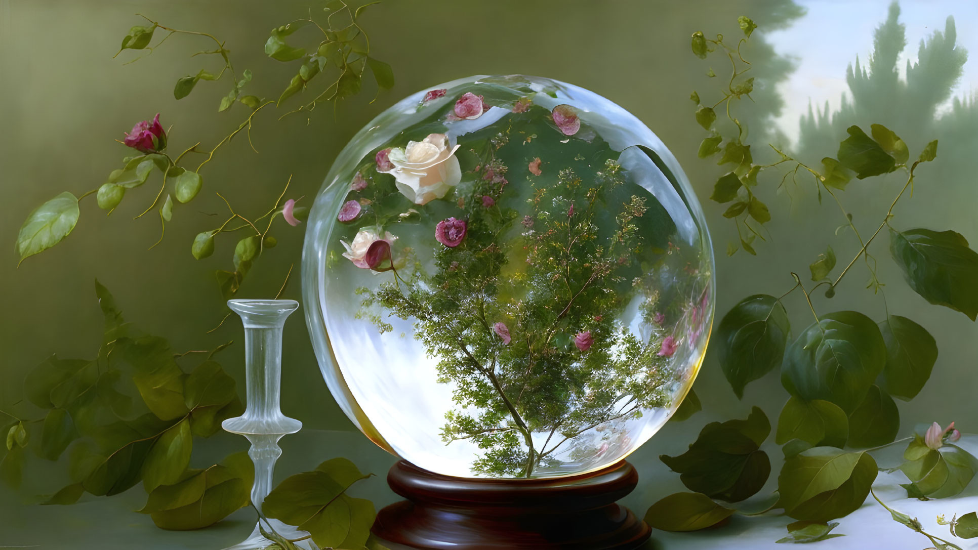 Miniature tree with blossoming flowers in glass sphere and clear vase