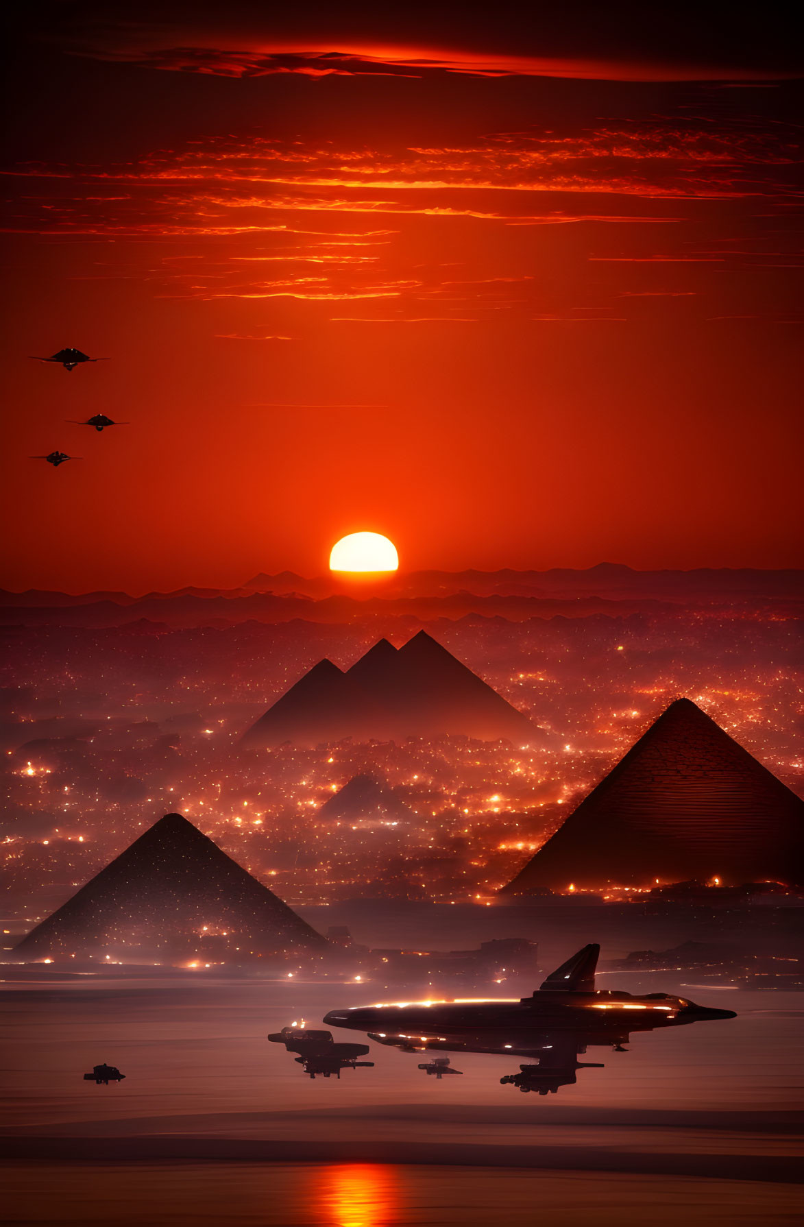 Fiery sunset over Egyptian pyramids with plane silhouette and birds