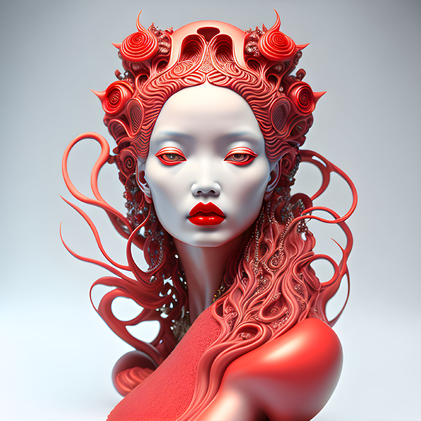 Detailed 3D female figure with red swirling hair design on neutral backdrop