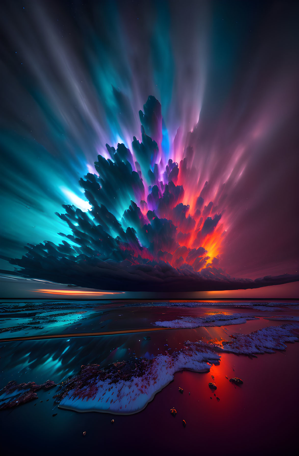 Northern Lights in Purple, Blue, and Pink hues over Snowy Shore