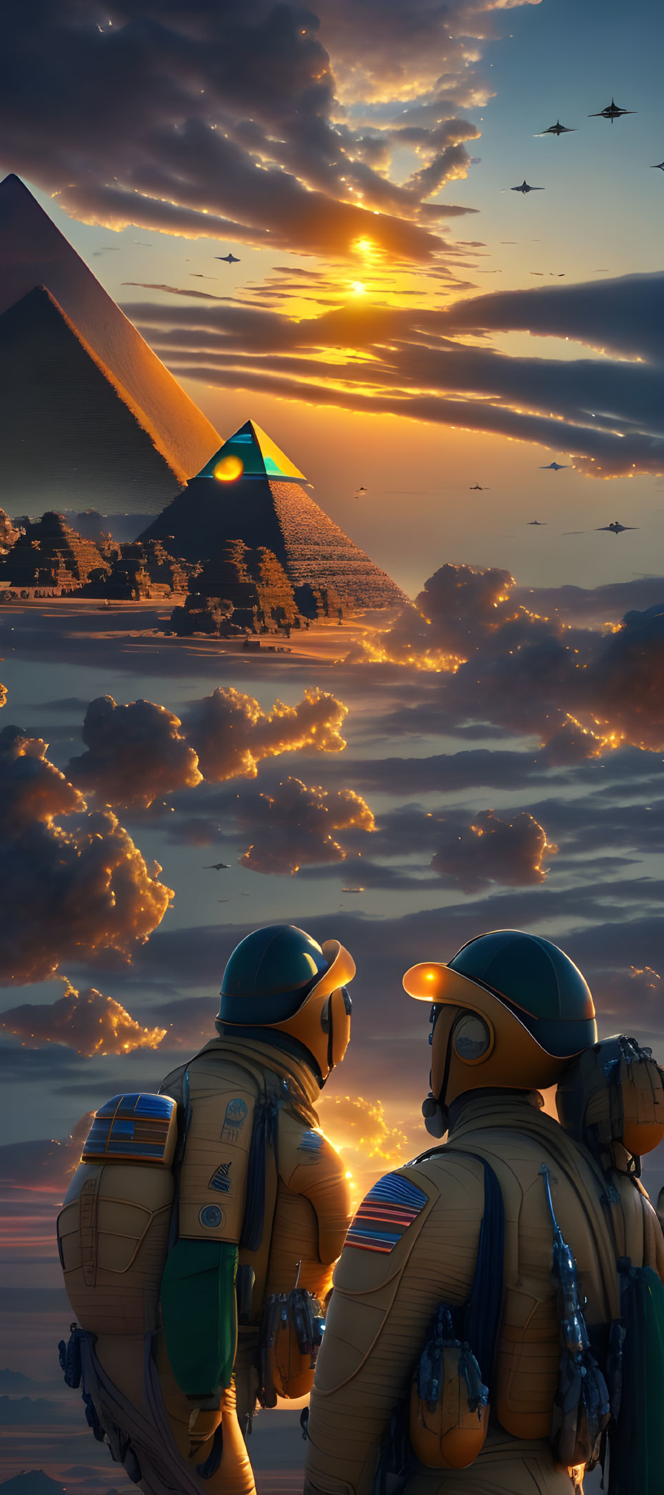 Astronauts at Egyptian pyramid with futuristic aircraft in sunset