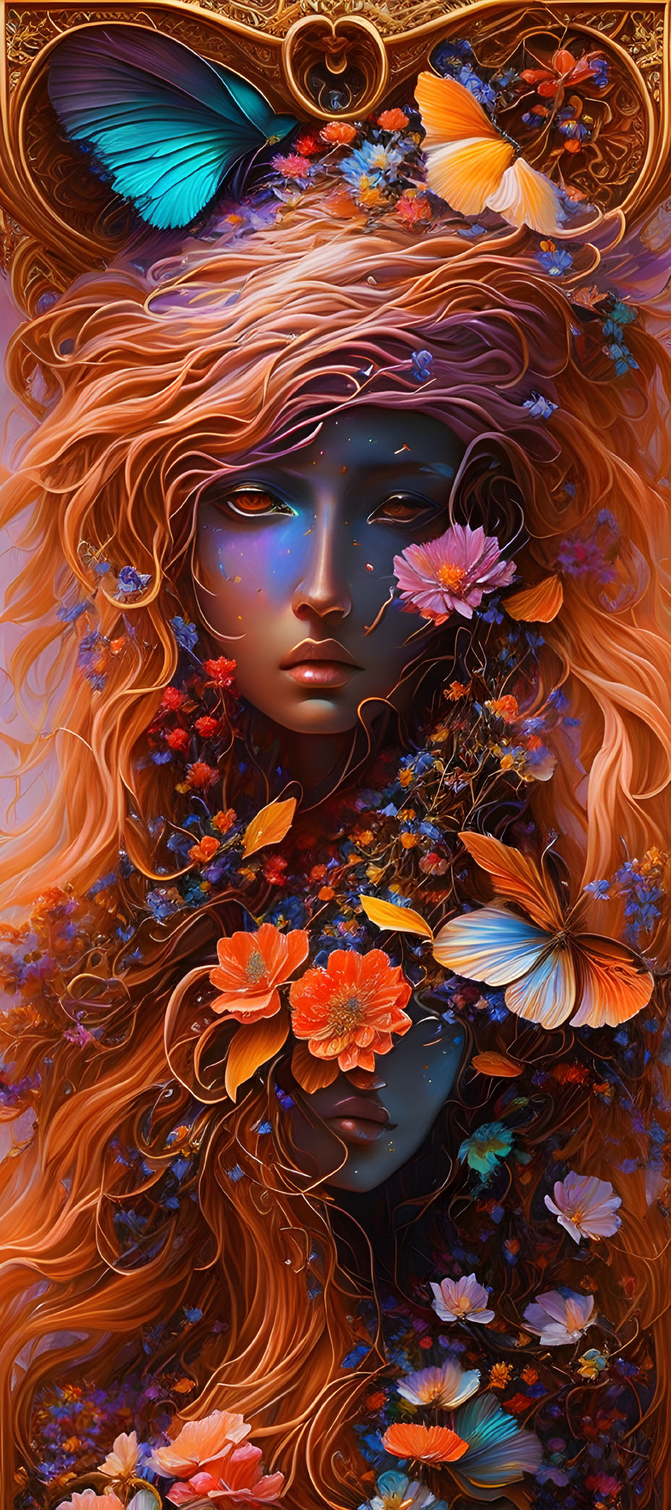 Colorful Artwork: Woman with Flowers and Butterflies in Ornate Setting