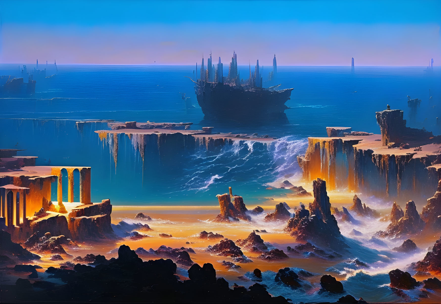 Vibrant seascape with floating rocks, waterfalls, and ships navigatin