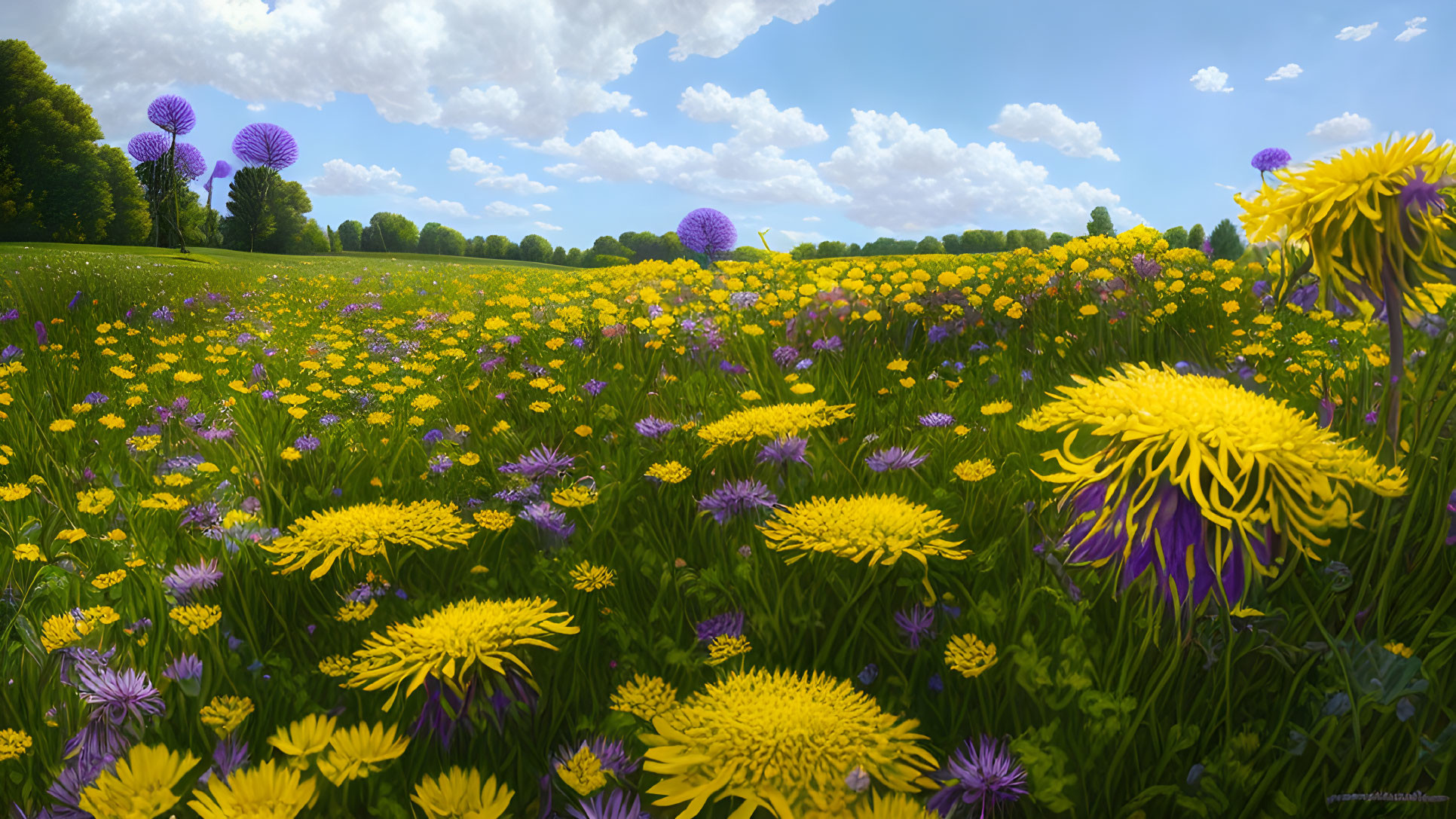 Vibrant yellow and purple flowers in lush meadow under clear blue sky