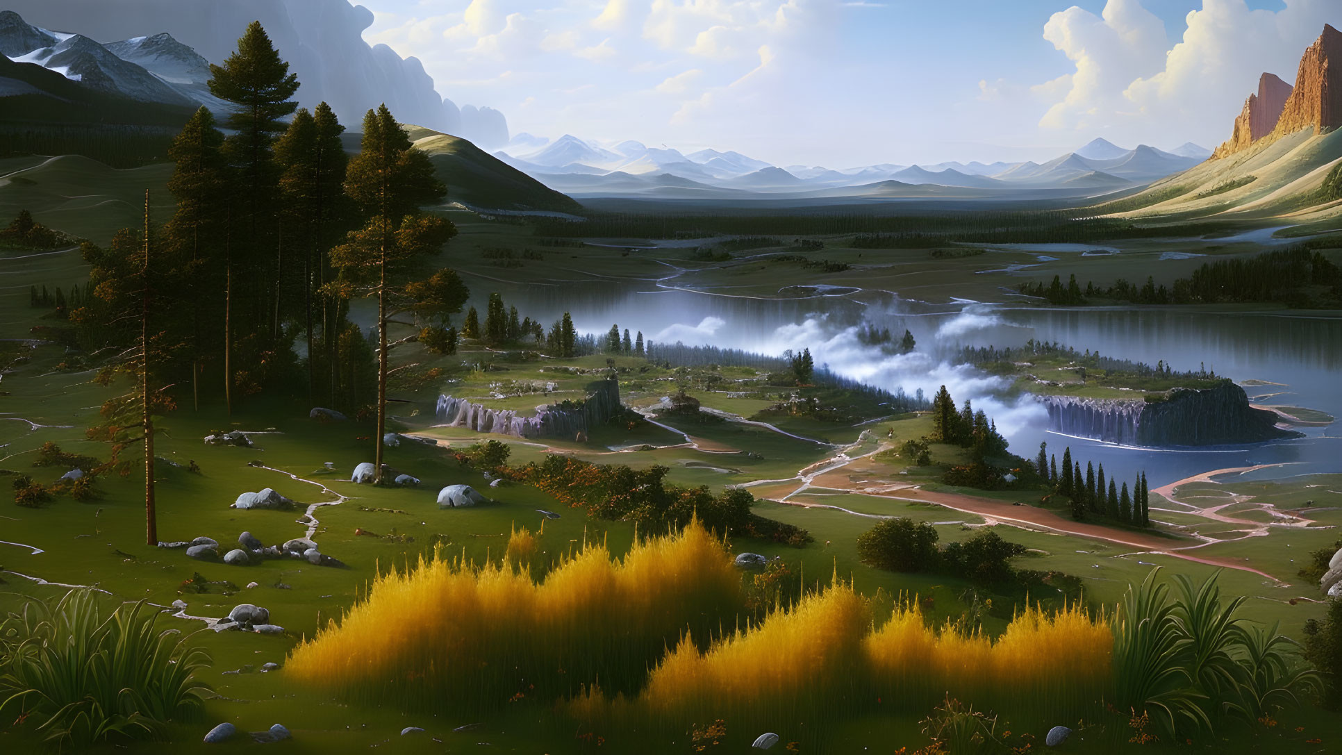 Scenic Valley with Lake, Waterfalls, Trees, Sheep, Mountains