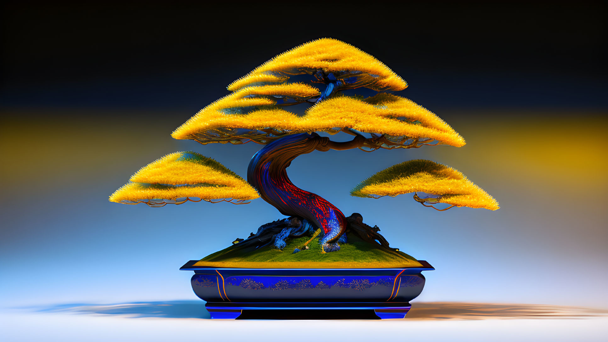 Stylized bonsai tree with red and blue trunk and yellow foliage