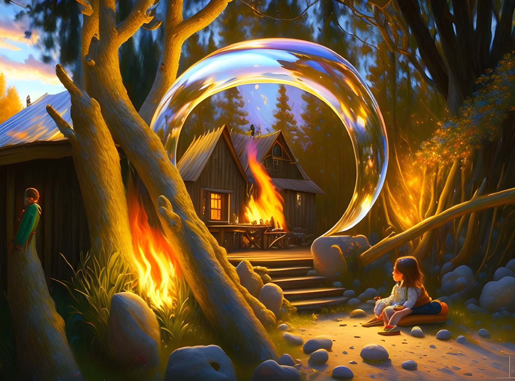 Tranquil forest dusk scene with glowing bubble, children, cabin, and fires