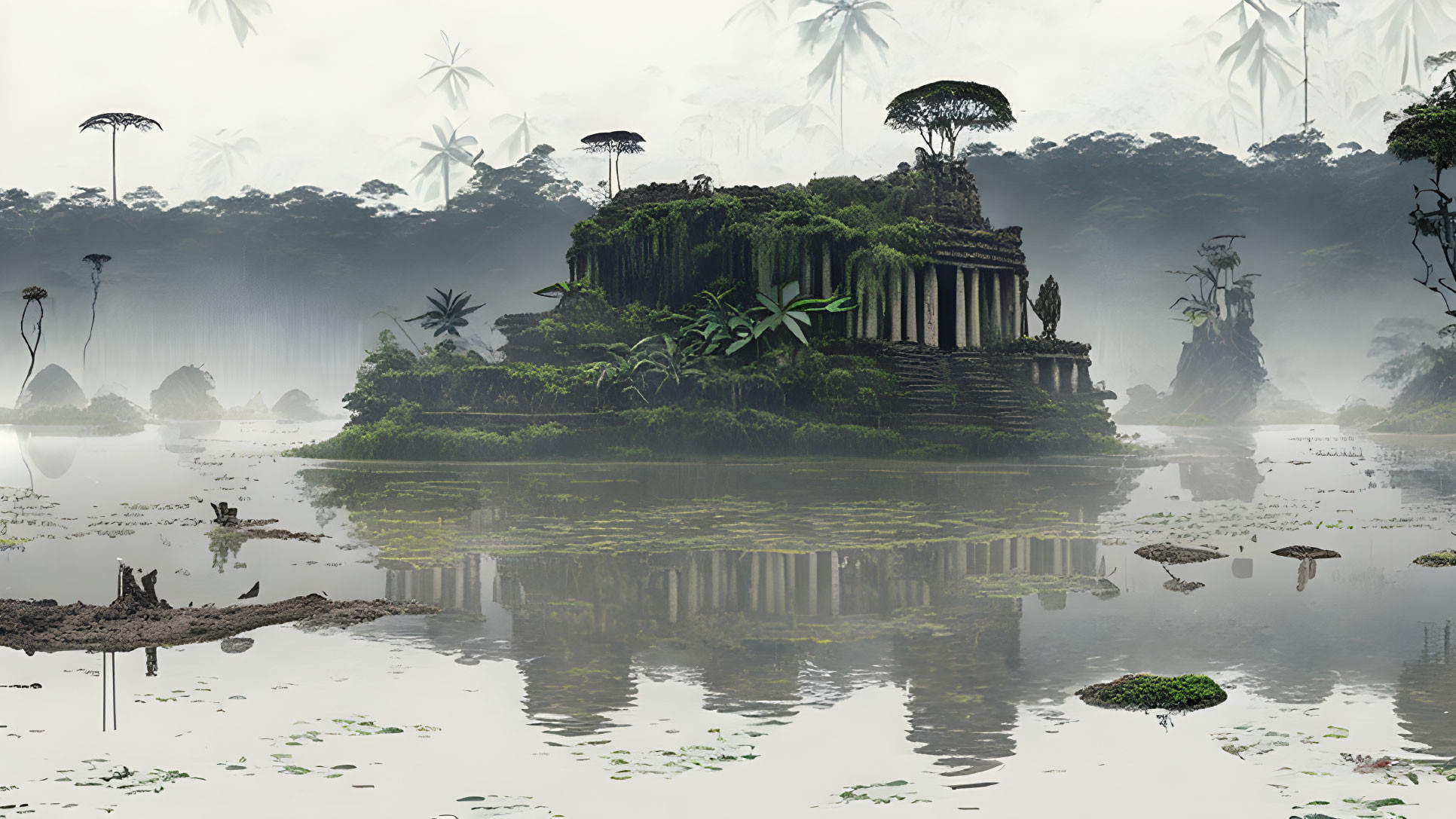 Vine-Covered Temple on Lush Island in Foggy Jungle