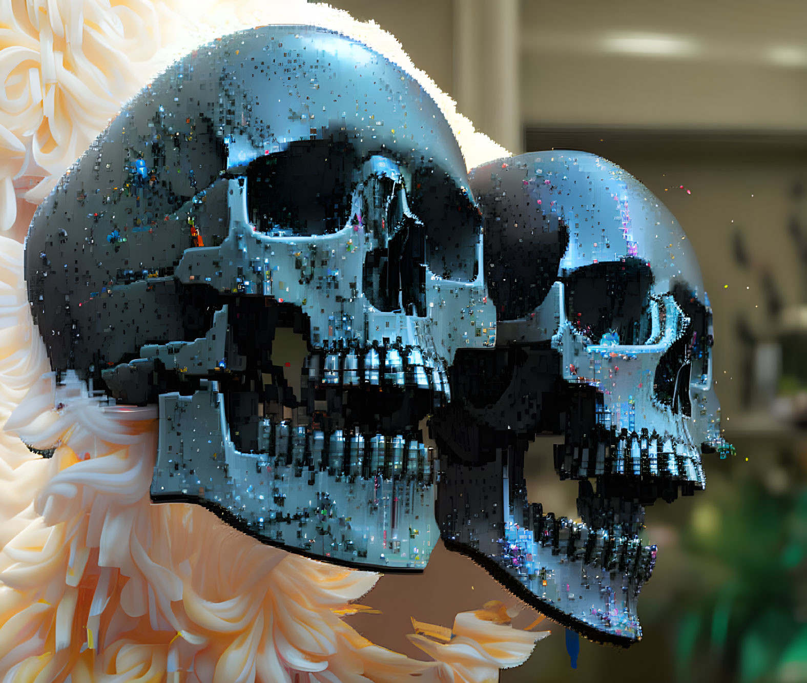 Reflective skulls with digital glitch effect on blurred background