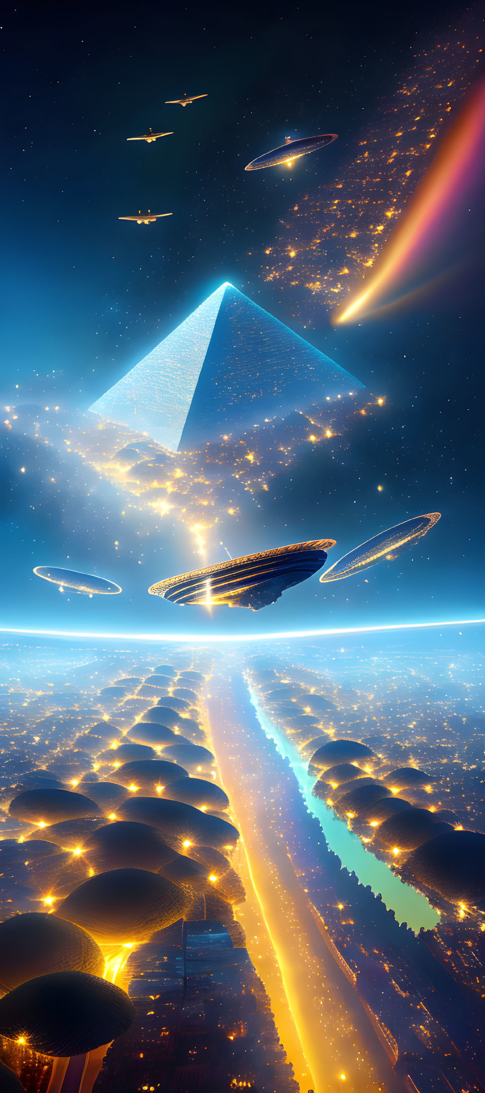 Futuristic night cityscape with flying vehicles and pyramidal structures.