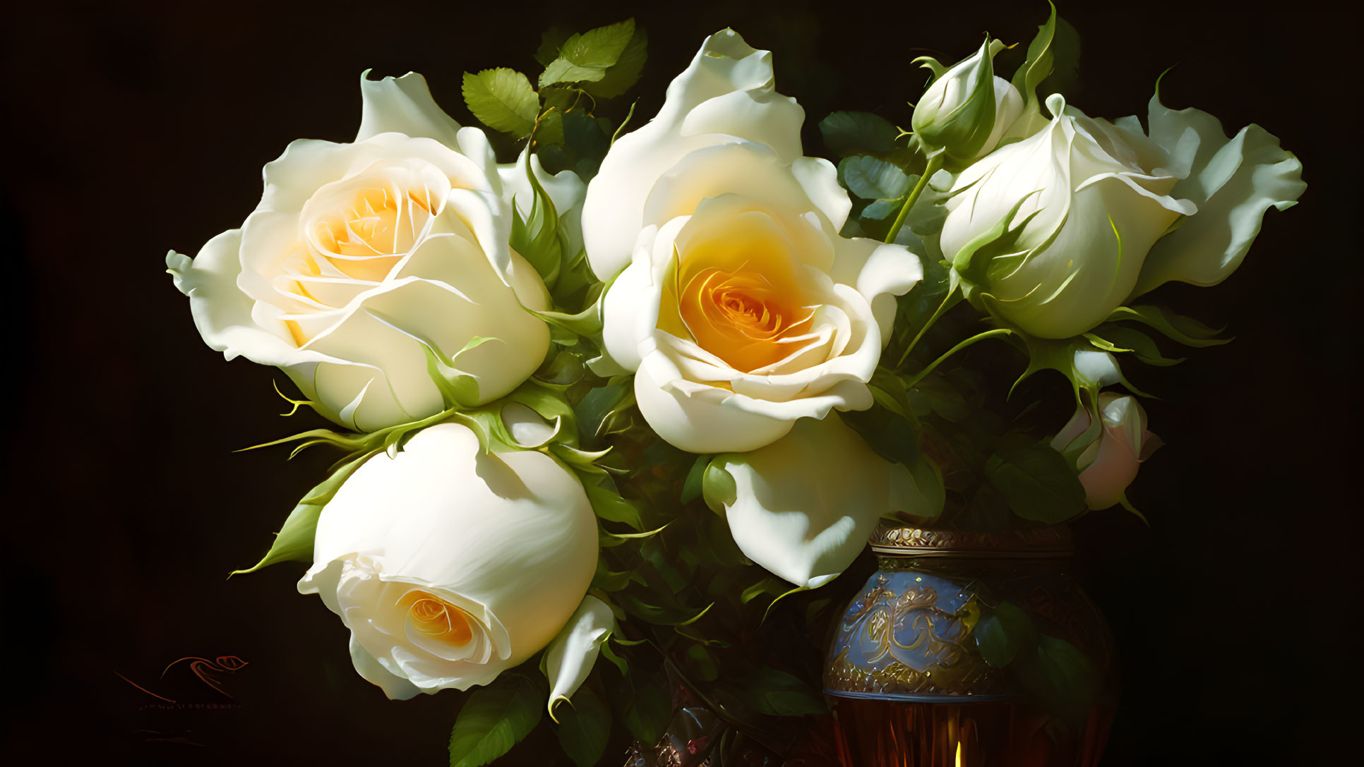 White roses bouquet in ornate vase on dark background