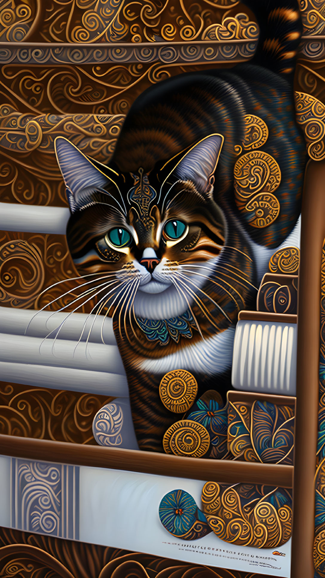 Intricate Tabby Cat Art Among Ornate Designs