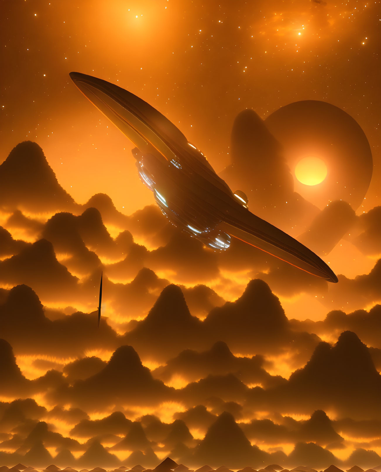 Futuristic spaceship above orange-tinted clouds, sun, distant planet