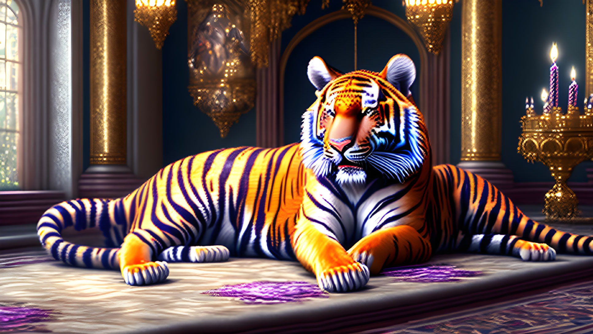 Majestic tiger on purple carpet in opulent room